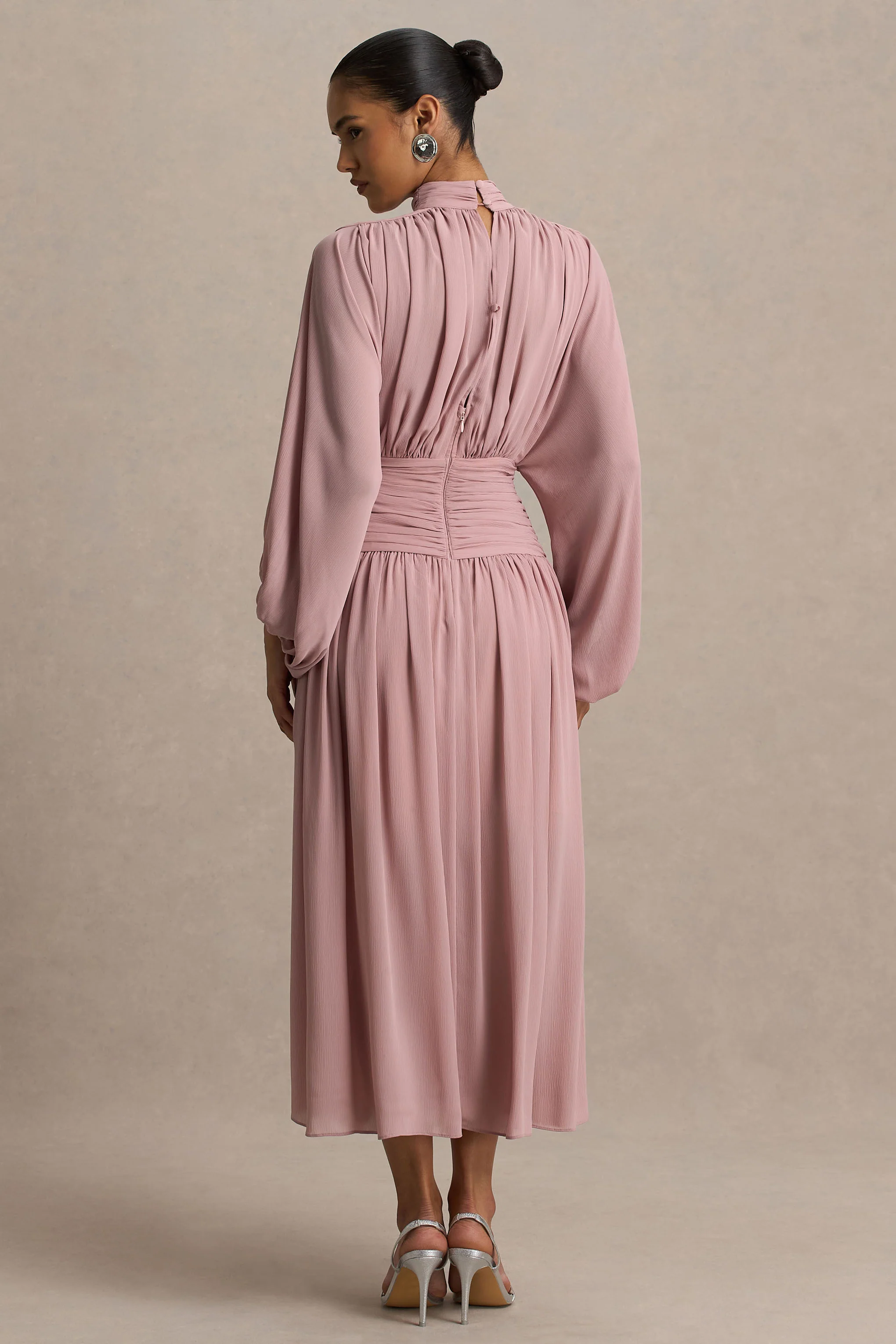 Annabel | Dusty Pink High-Neck Midi Dress With Drop-Waist And Pleated Detailing - Image 2