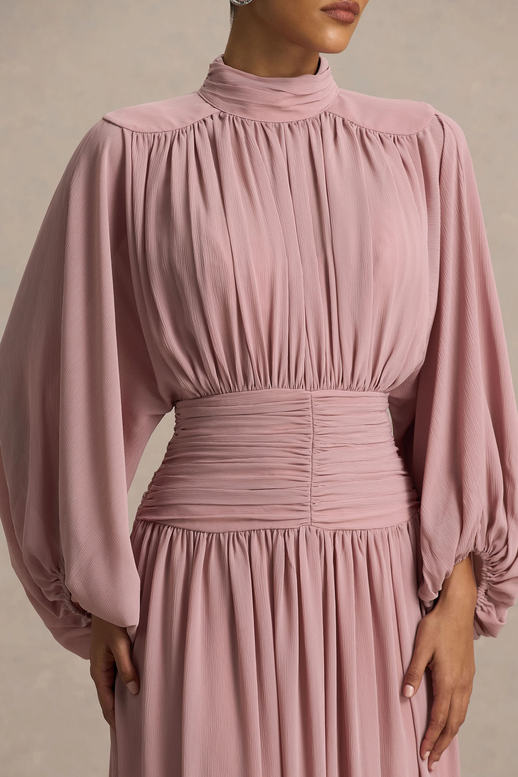 Annabel | Dusty Pink High-Neck Midi Dress With Drop-Waist And Pleated Detailing - Image 3