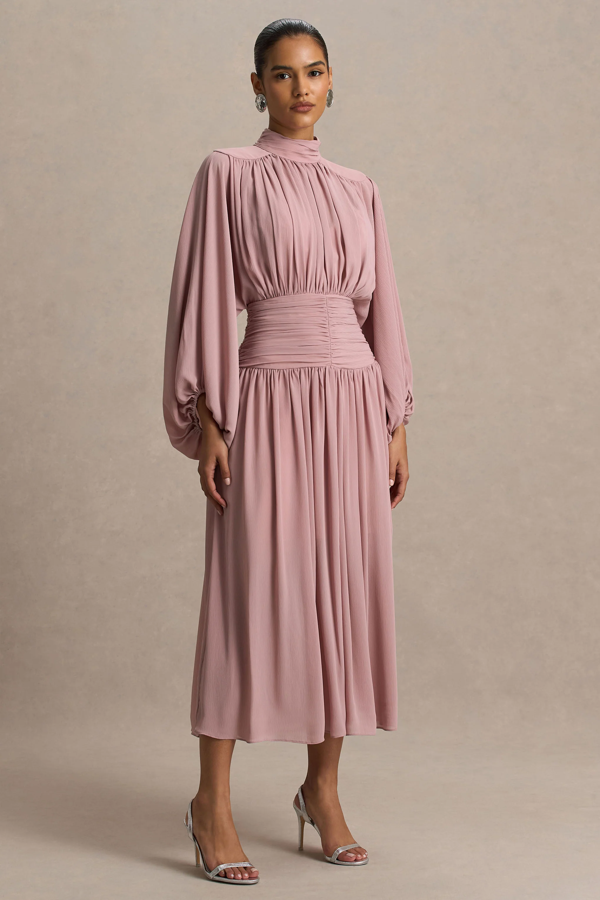 Annabel | Dusty Pink High-Neck Midi Dress With Drop-Waist And Pleated Detailing - Image 5