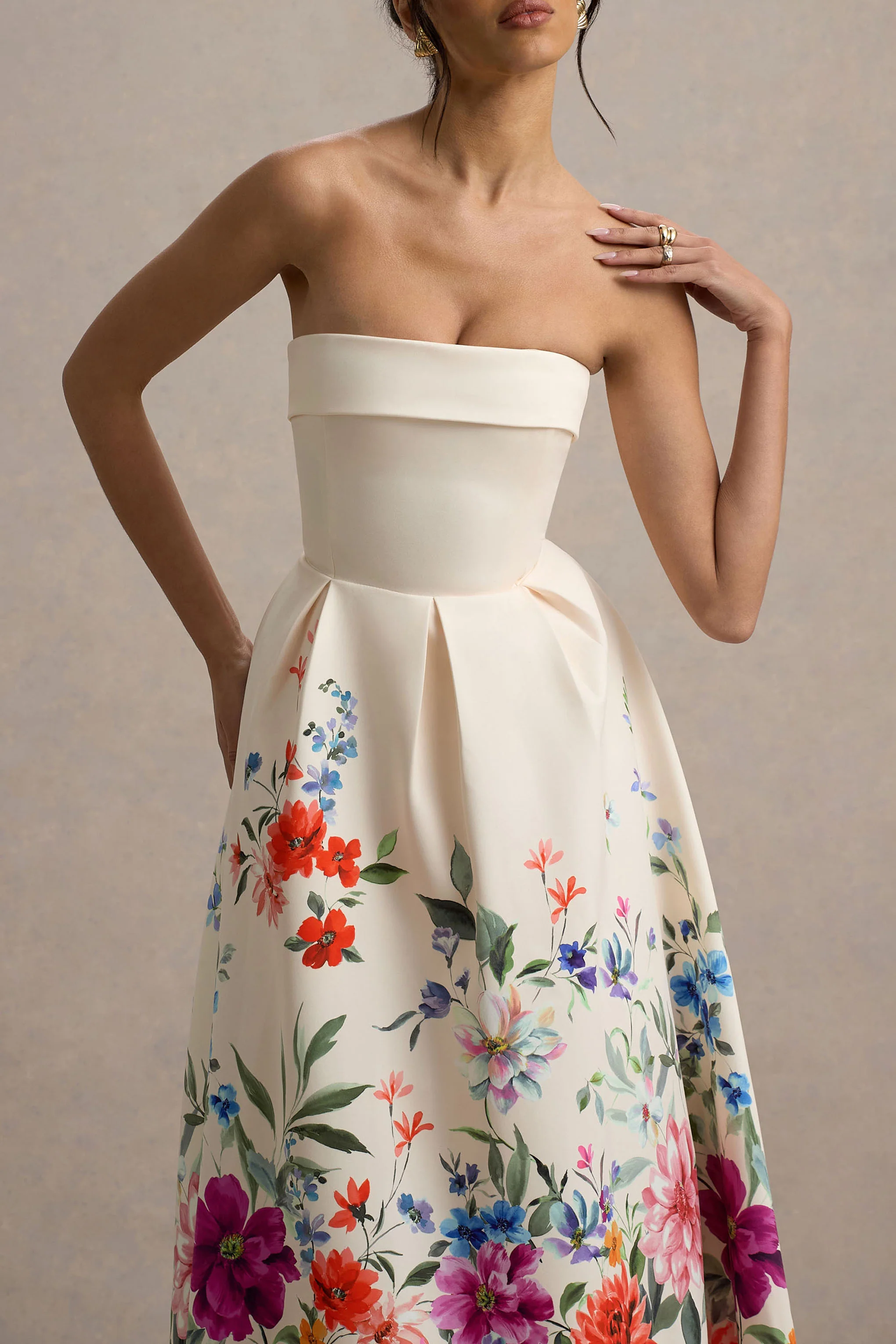 Annalise | Light Pink Floral Print Bandeau Skater Midi Dress - Image 3