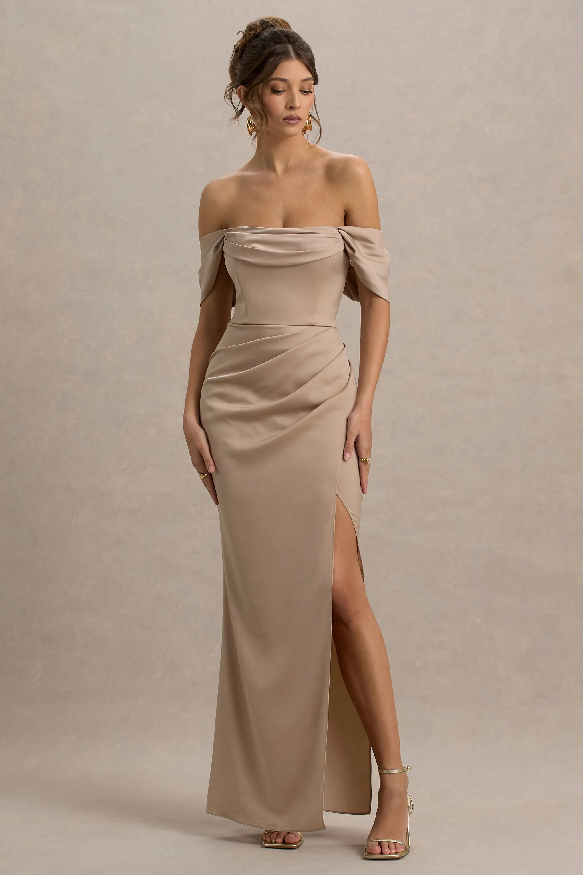Annie | Champagne Satin Bardot Maxi Dress With Split Wrap Skirt - Image 5