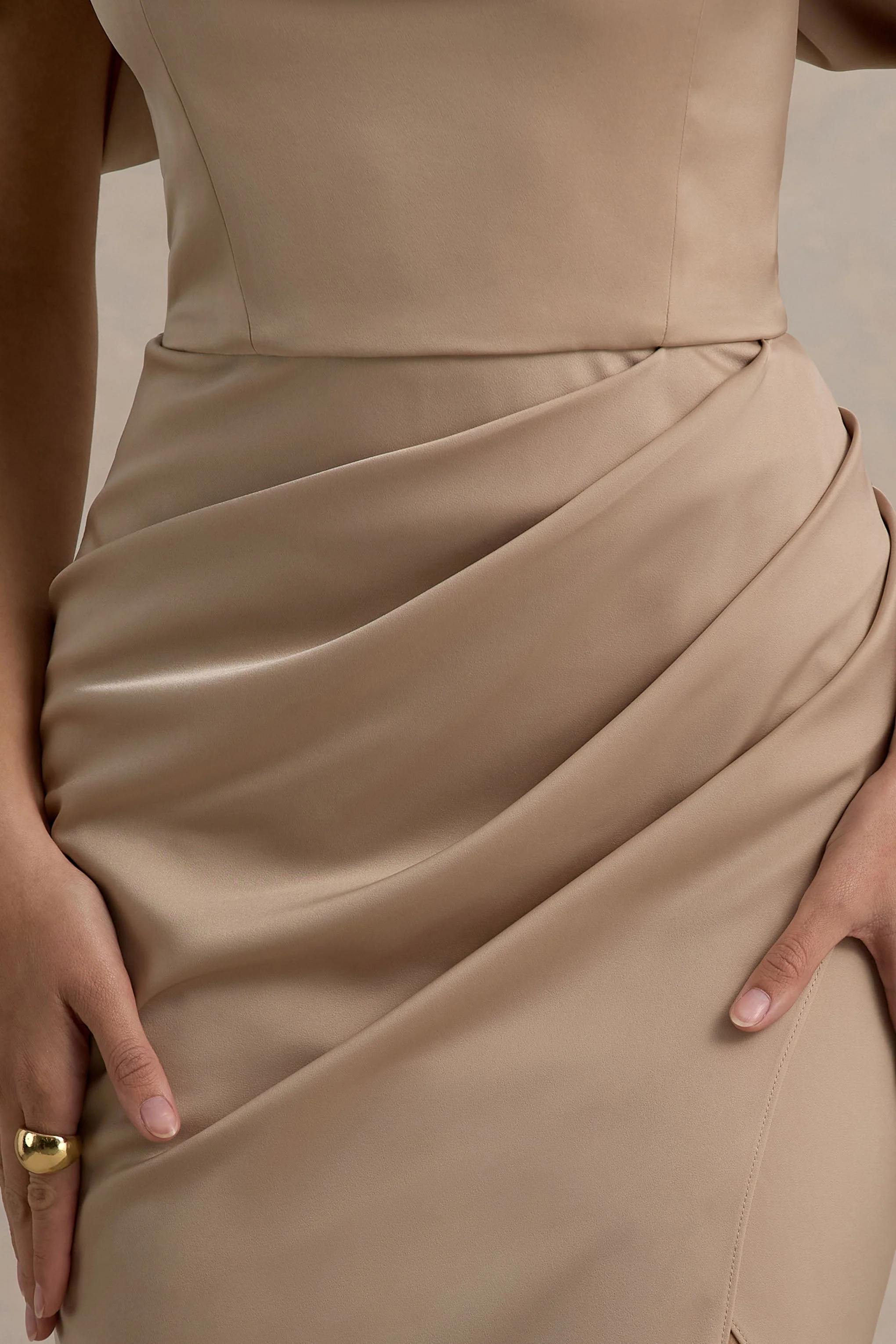 Annie | Champagne Satin Bardot Maxi Dress With Split Wrap Skirt - Image 6