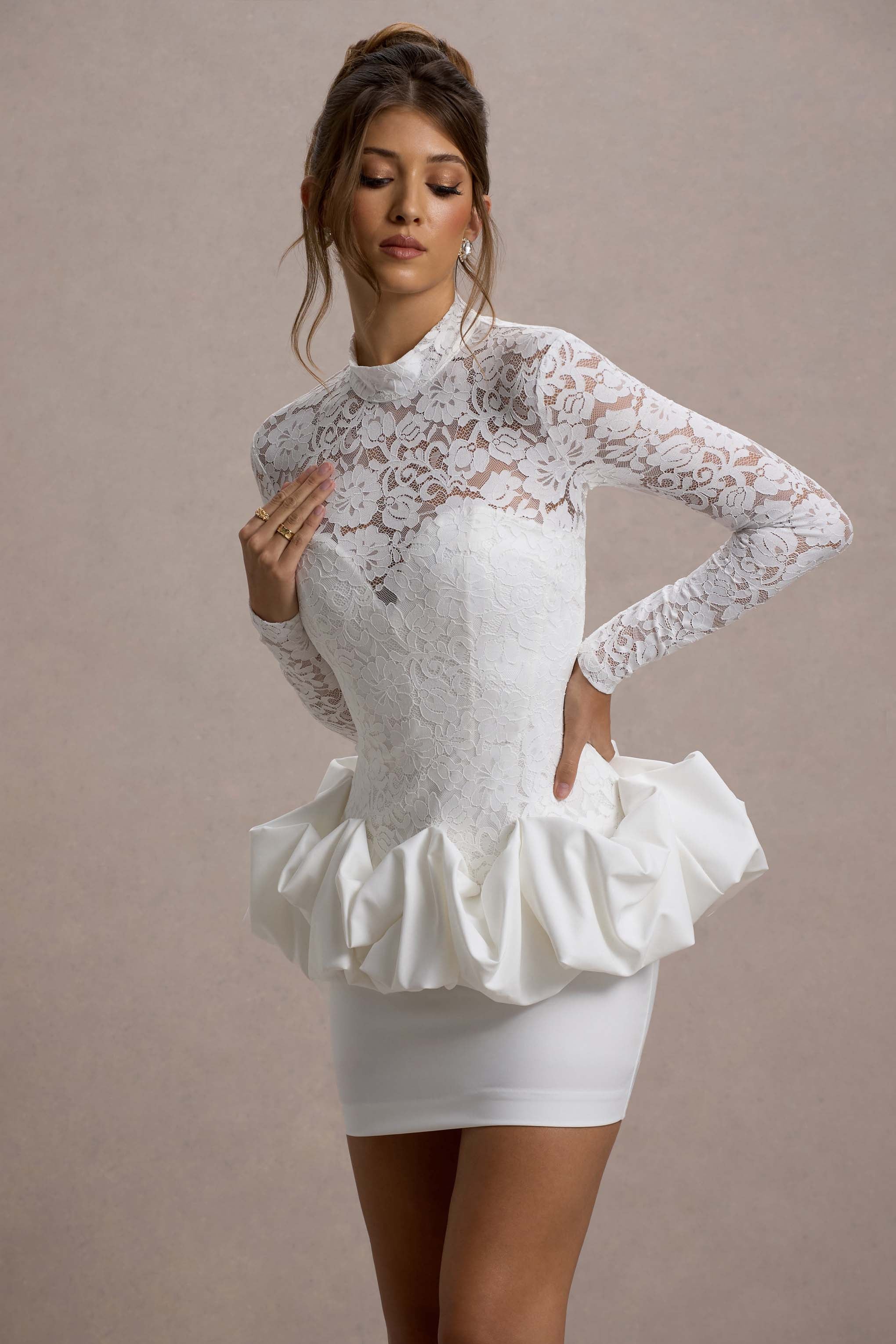 Antheia | White Lace Long-Sleeve Peplum Mini Dress - Image 3