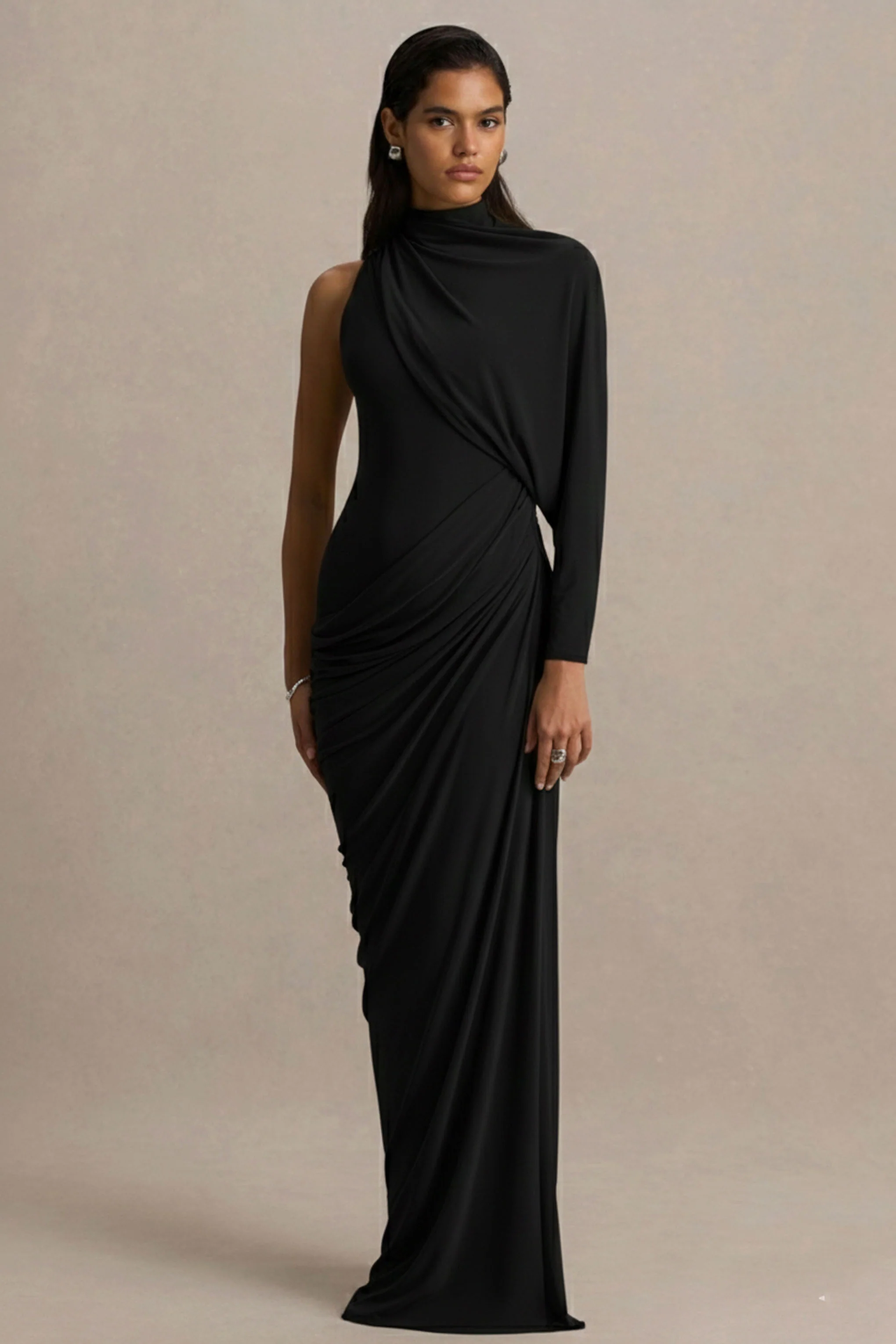 Aphra | Black High-Neck Maxi Dress With Cape-Sleeve - Image 4