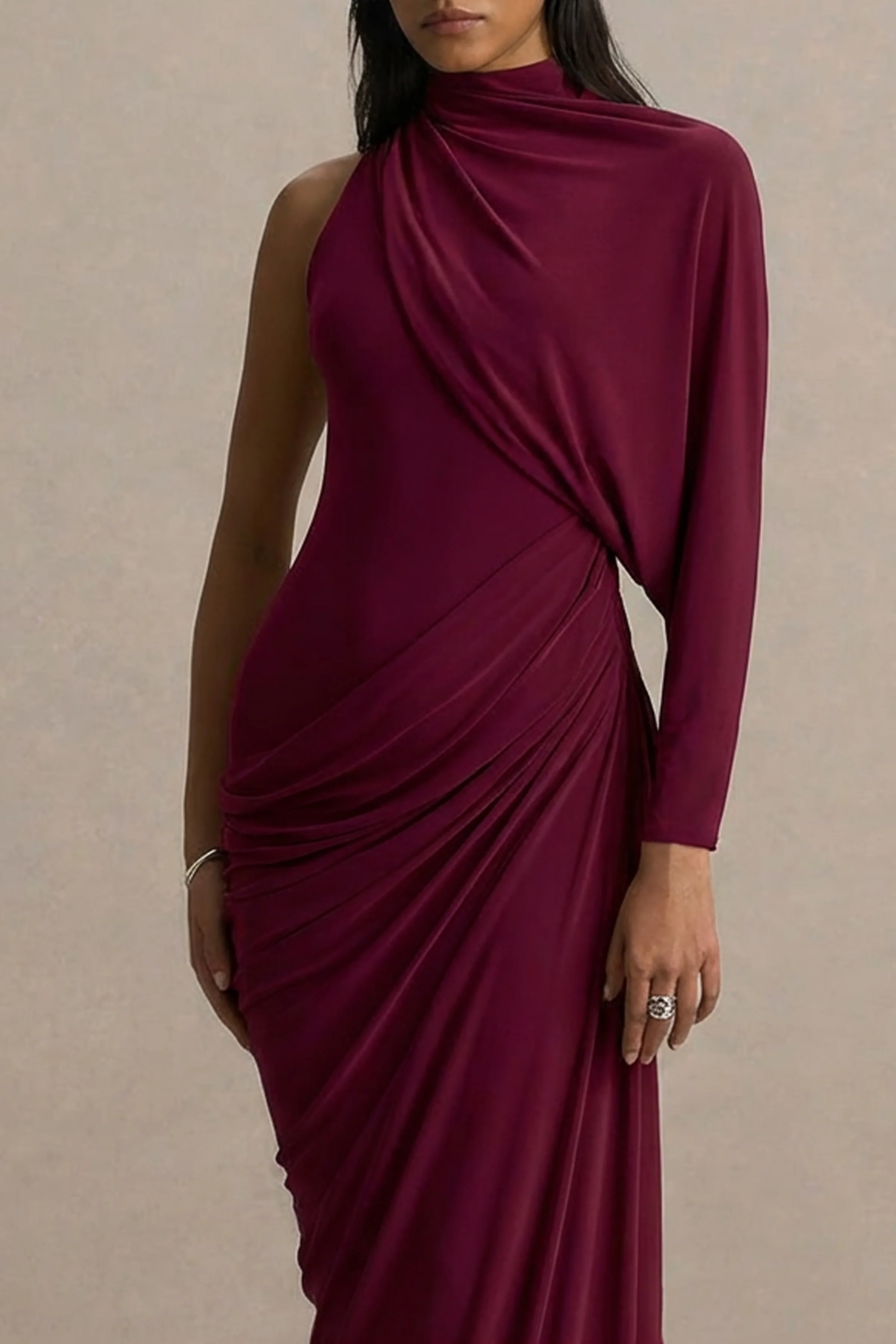 Aphra | Burgundy High-Neck Maxi Dress With Cape-Sleeve - Image 3