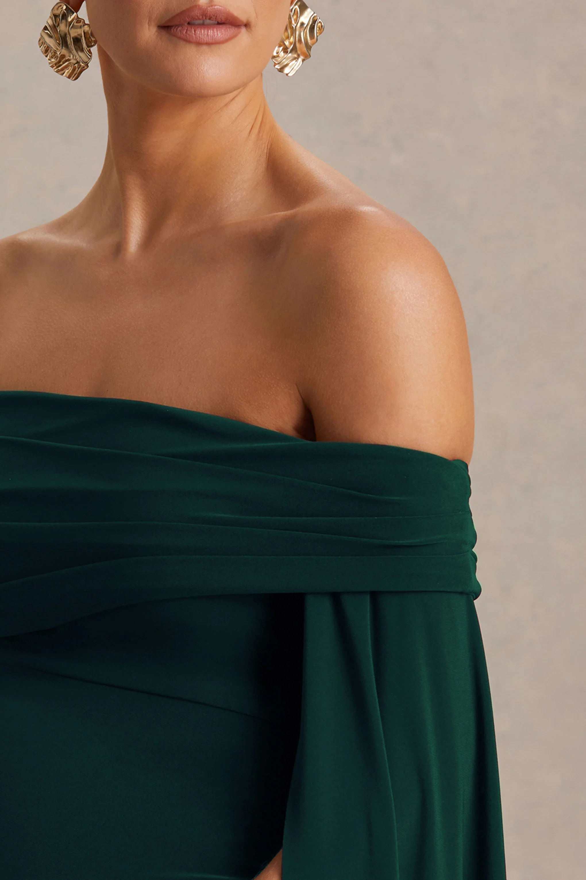 Aquila | Bottle Green Bardot Maternity Maxi Dress With Draped Detail - Image 3