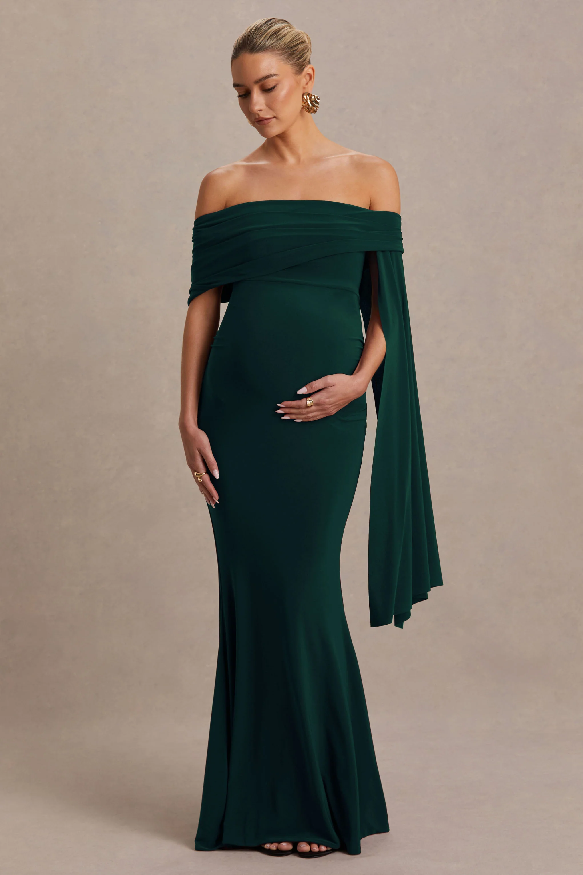 Aquila | Bottle Green Bardot Maternity Maxi Dress With Draped Detail - Image 4