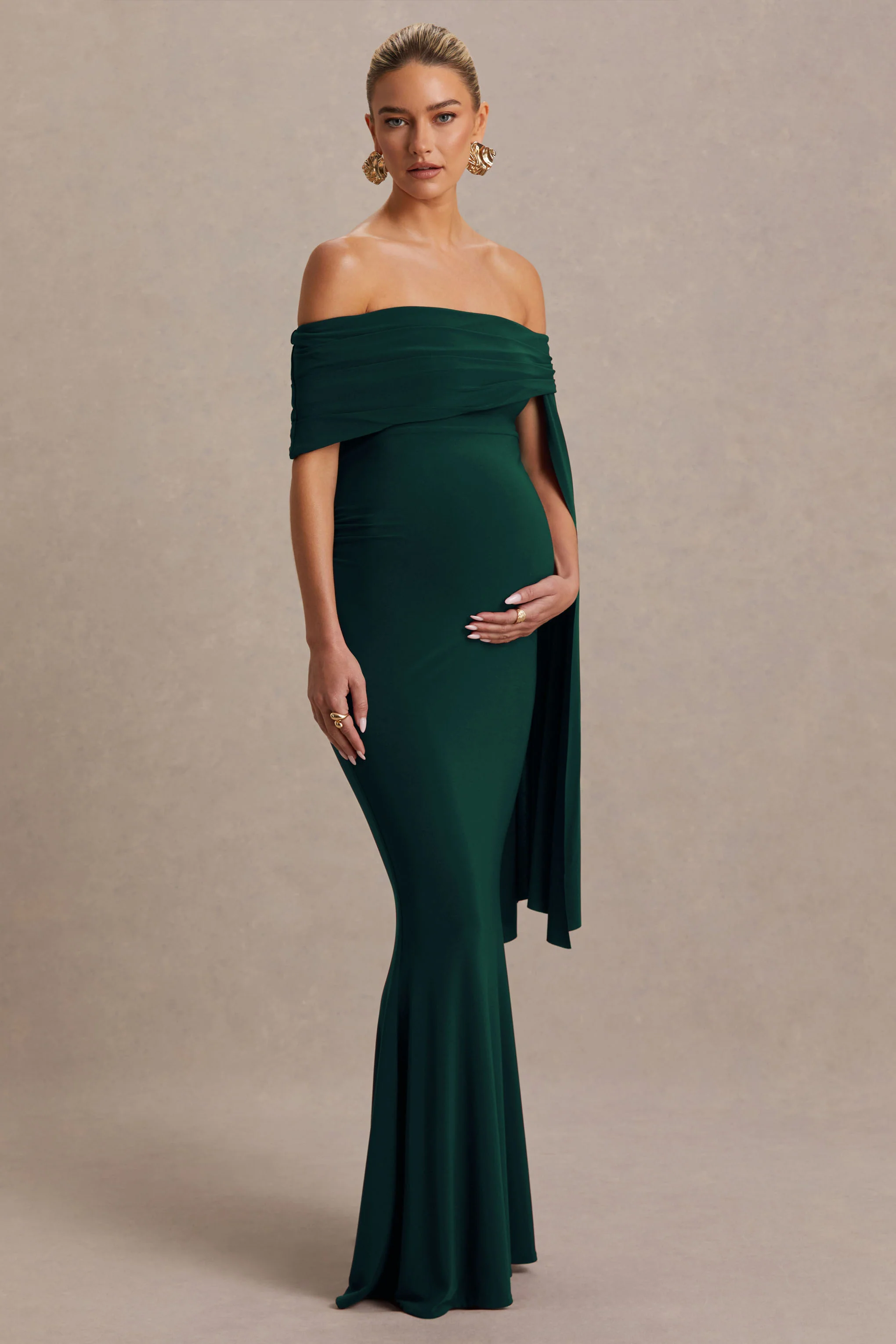 Aquila | Bottle Green Bardot Maternity Maxi Dress With Draped Detail - Image 5