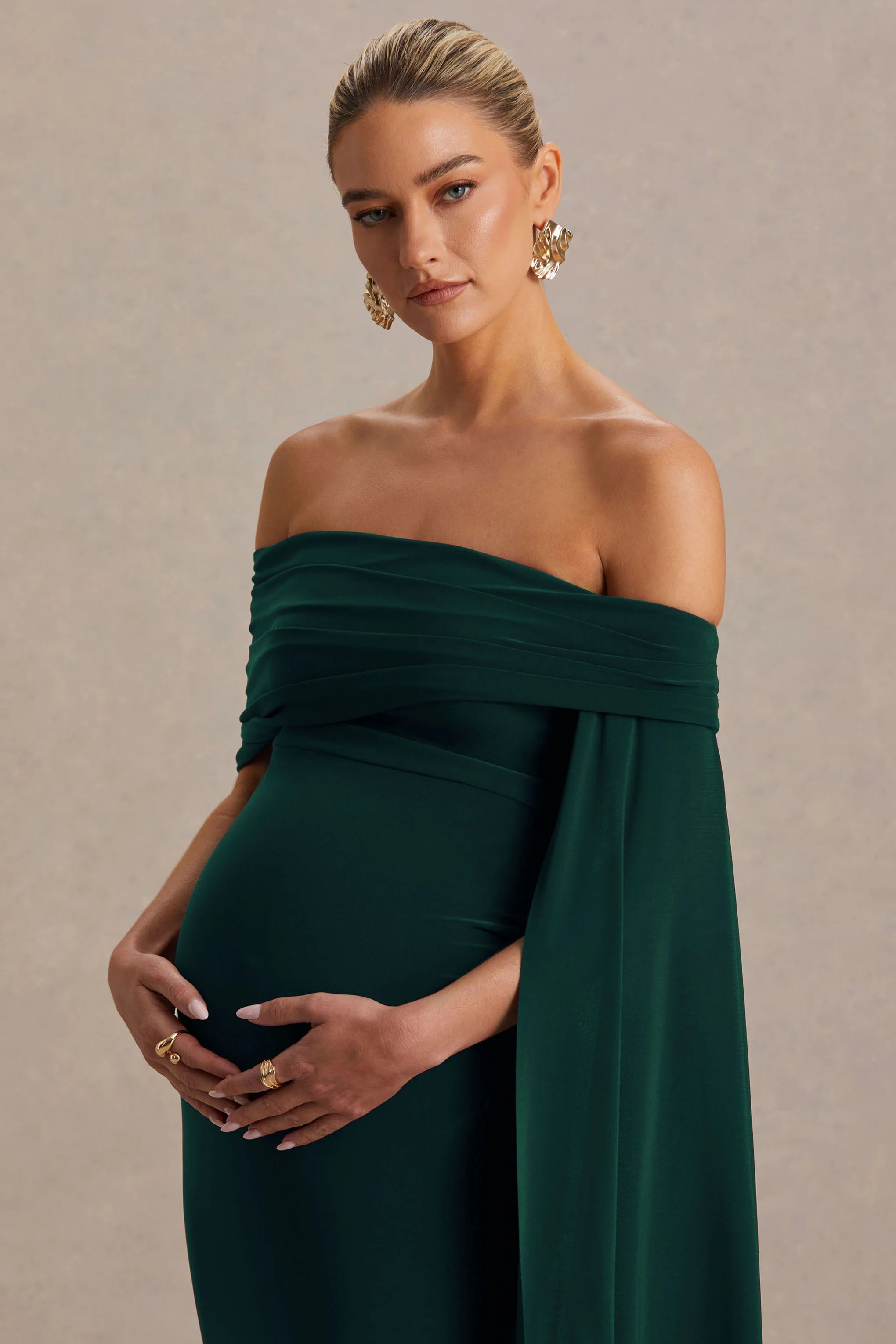 Aquila | Bottle Green Bardot Maternity Maxi Dress With Draped Detail - Image 6