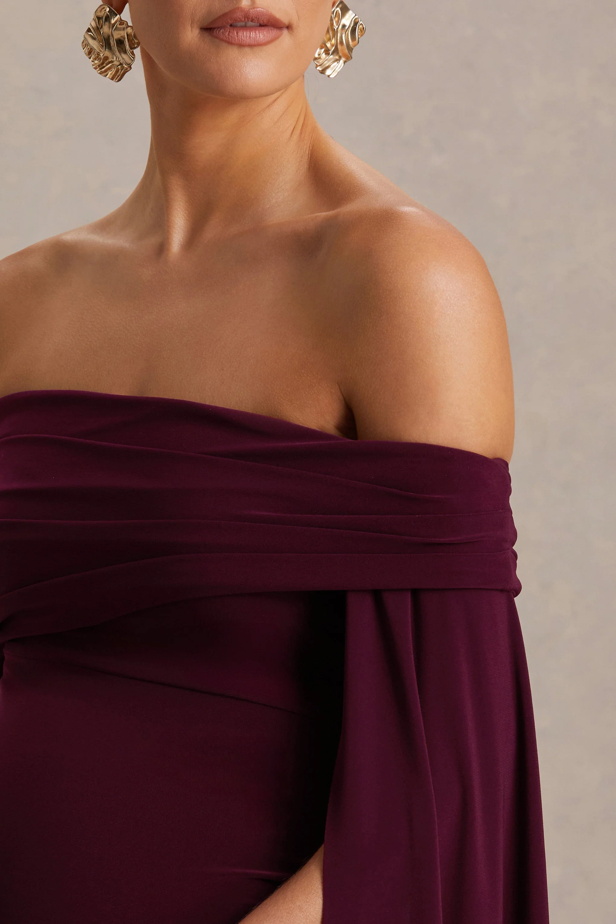 Aquila | Burgundy Bardot Maternity Maxi Dress With Draped Detail - Image 6