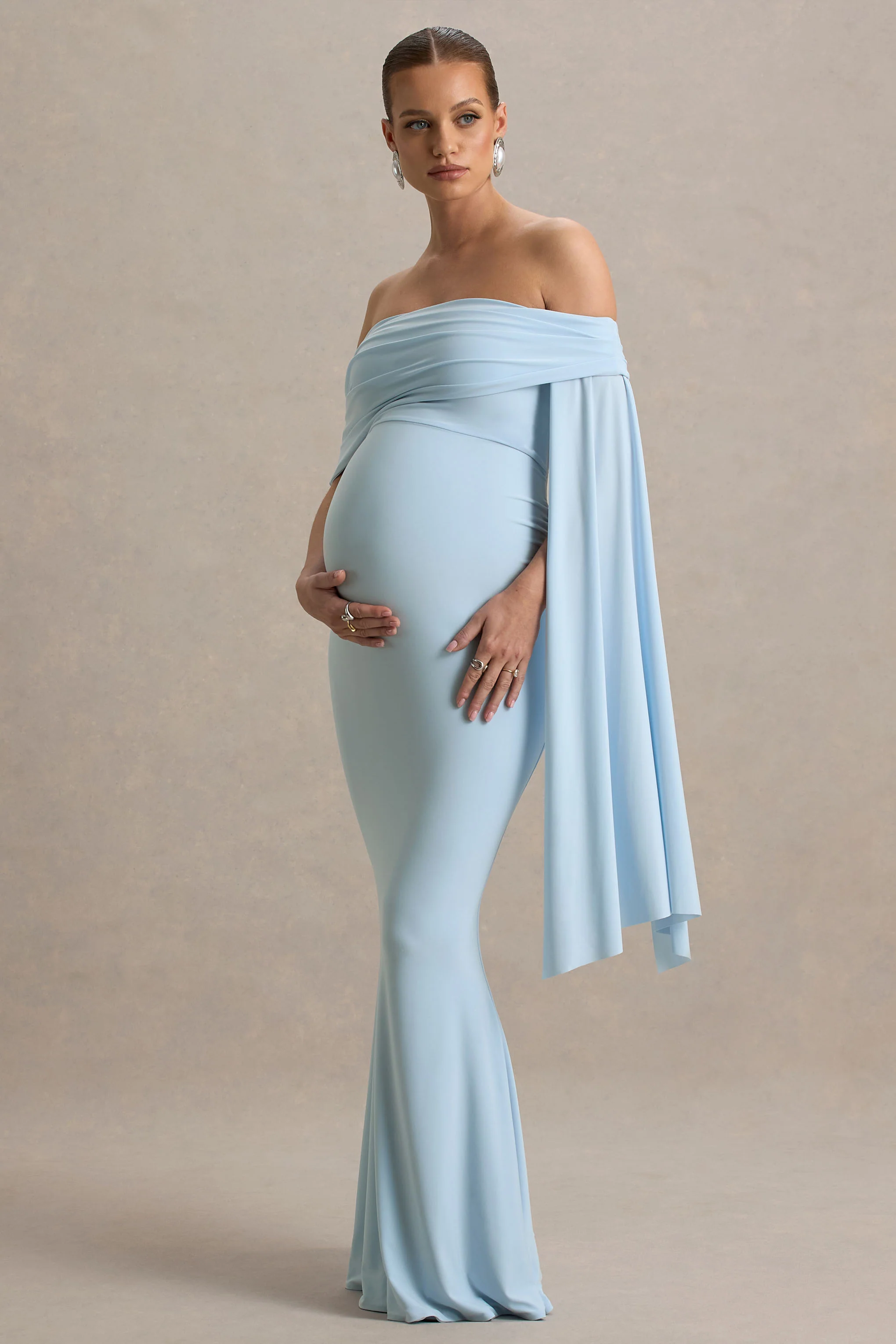 Aquila | Powder Blue Bardot Maternity Maxi Dress With Draped Detail - Image 4