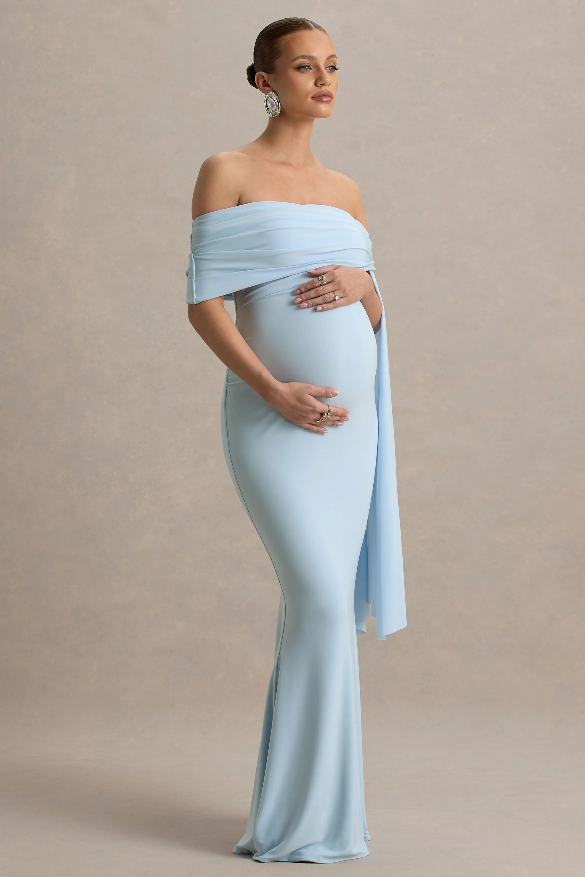 Aquila | Powder Blue Bardot Maternity Maxi Dress With Draped Detail - Image 5
