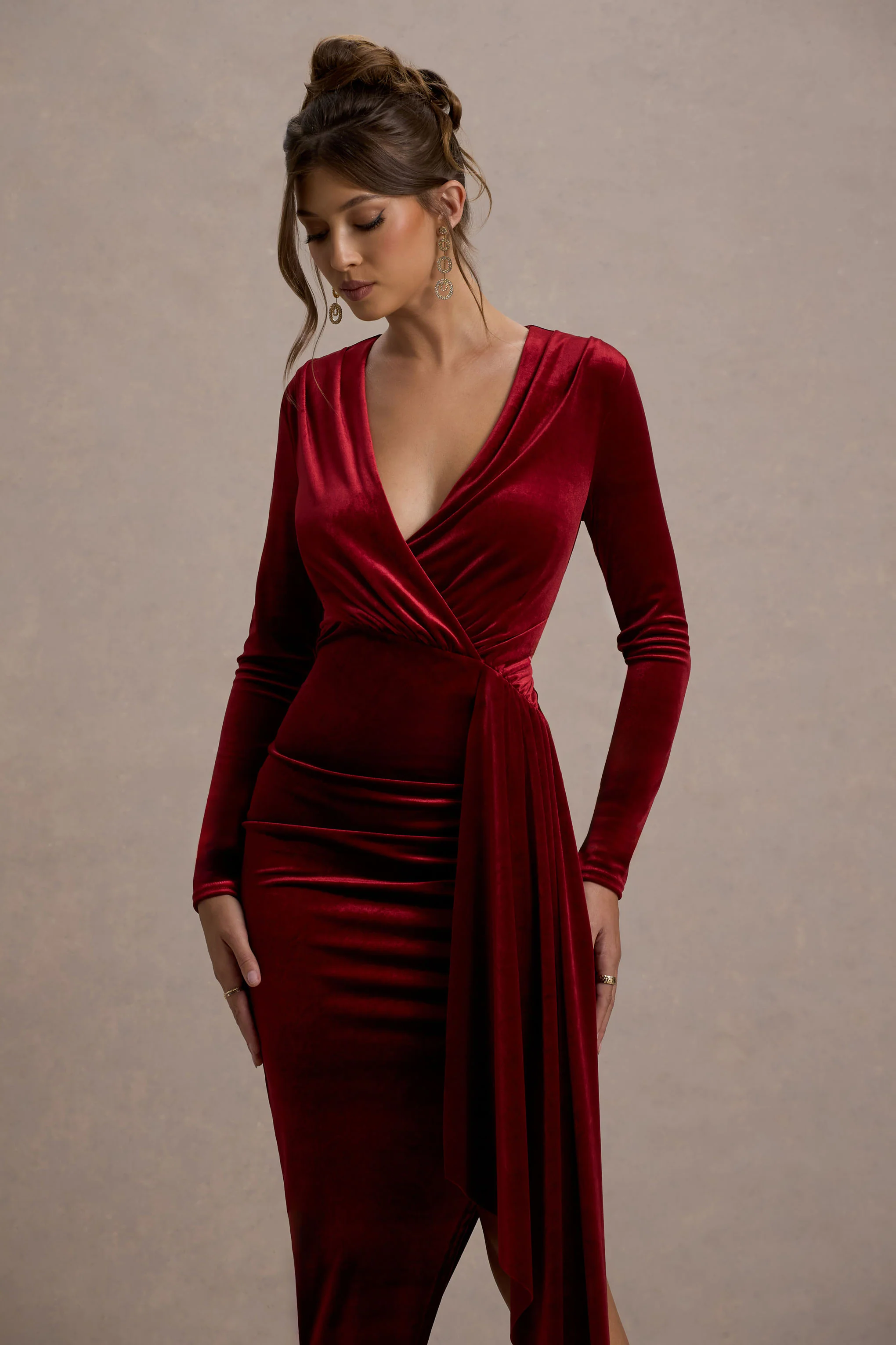 Arcadia | Berry Velvet Plunge-Neck Wrap Midi Dress - Image 3