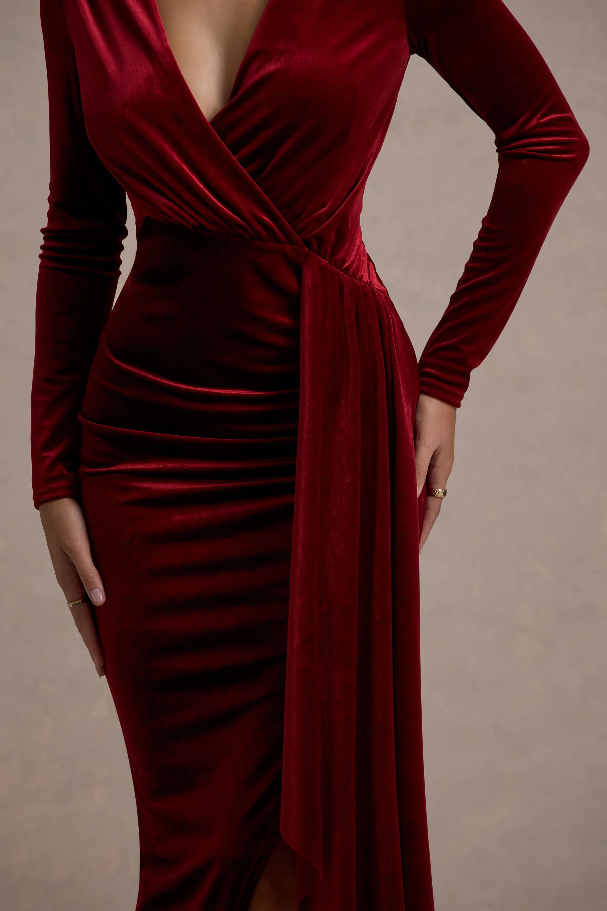 Arcadia | Berry Velvet Plunge-Neck Wrap Midi Dress - Image 6