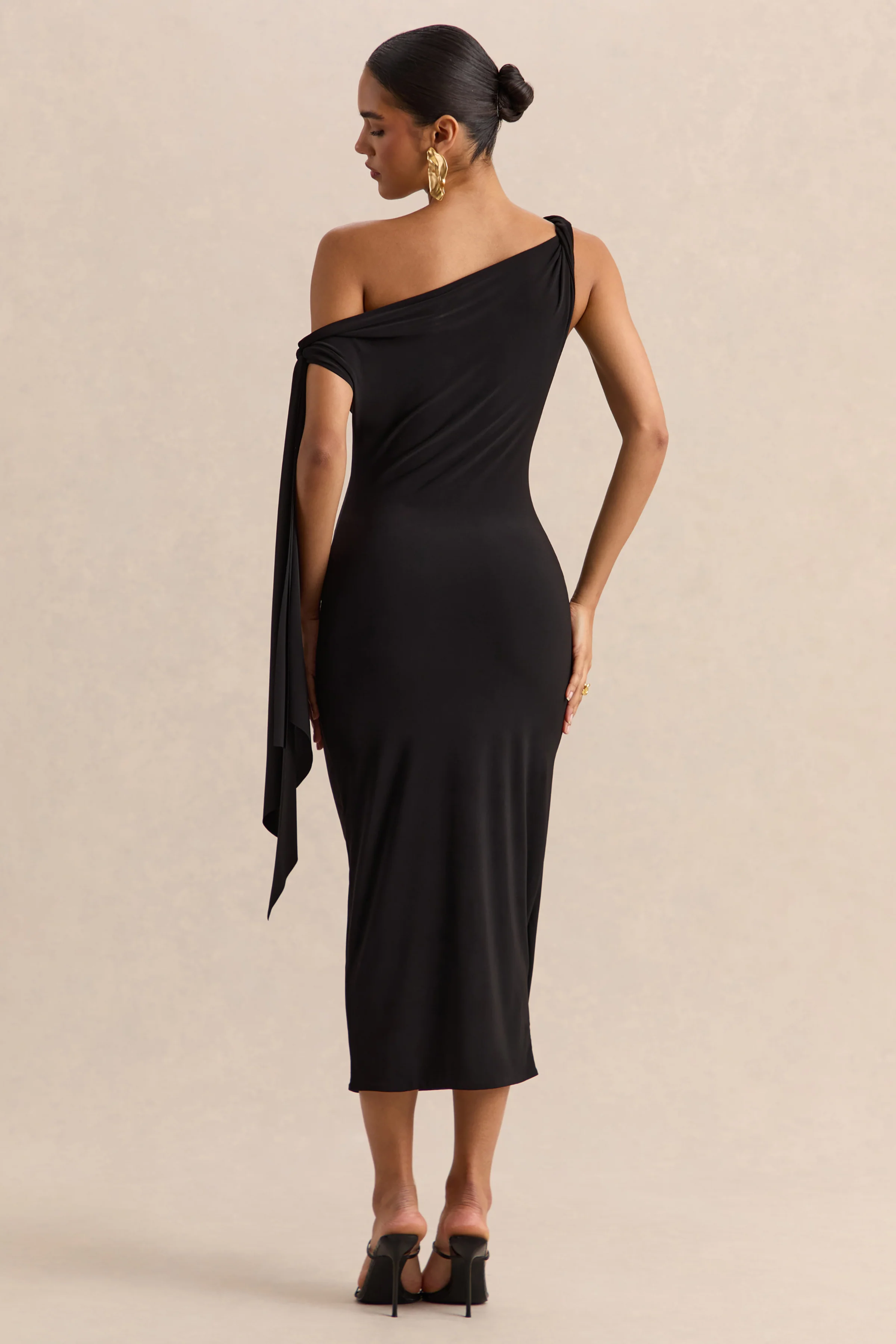 Arcelia | Black Asymmetric-Neck Midi Dress With Knot-Sleeve Detail - Image 2