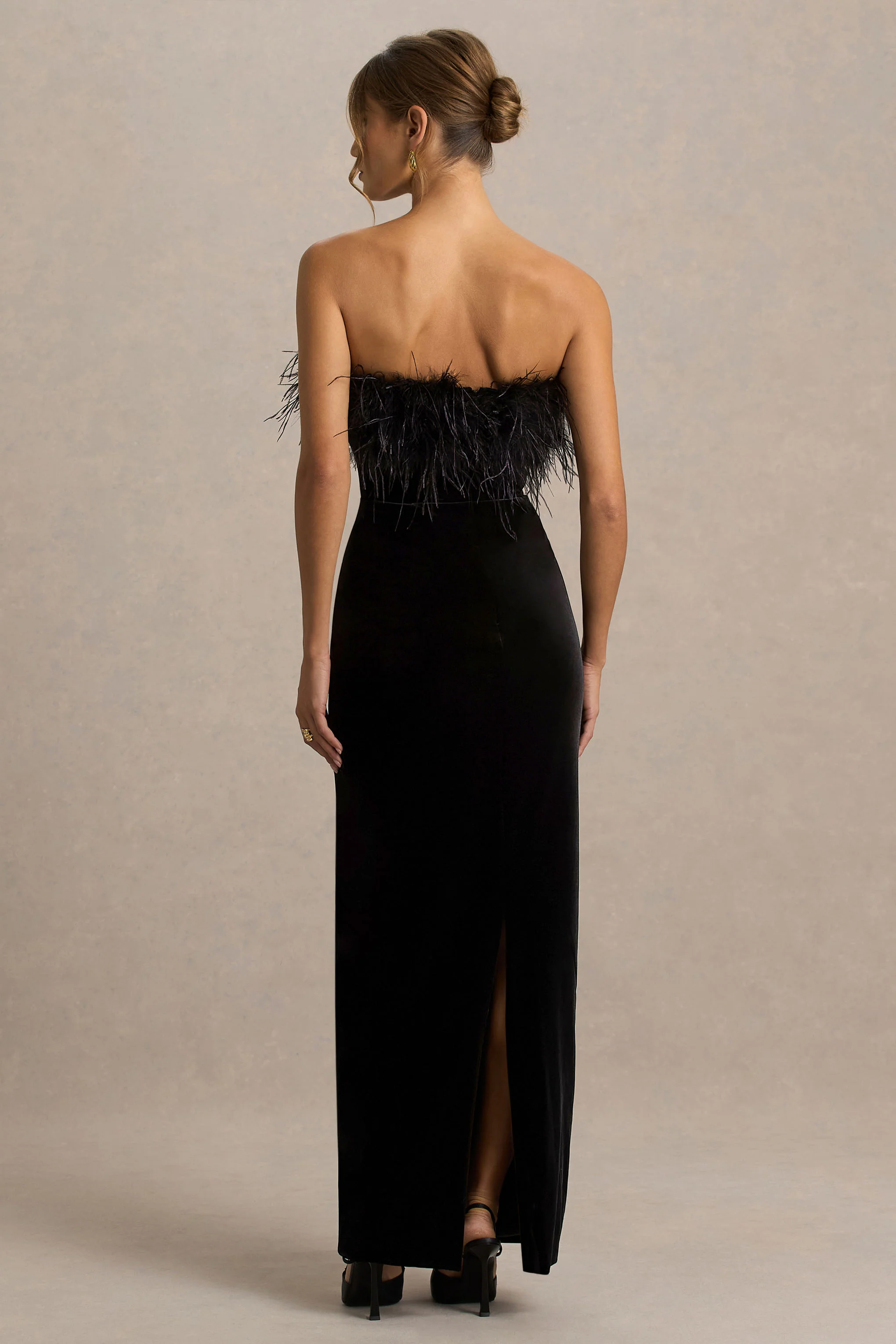 Arella | Black Velvet Bandeau Maxi Dress With Feather Trim - Image 2