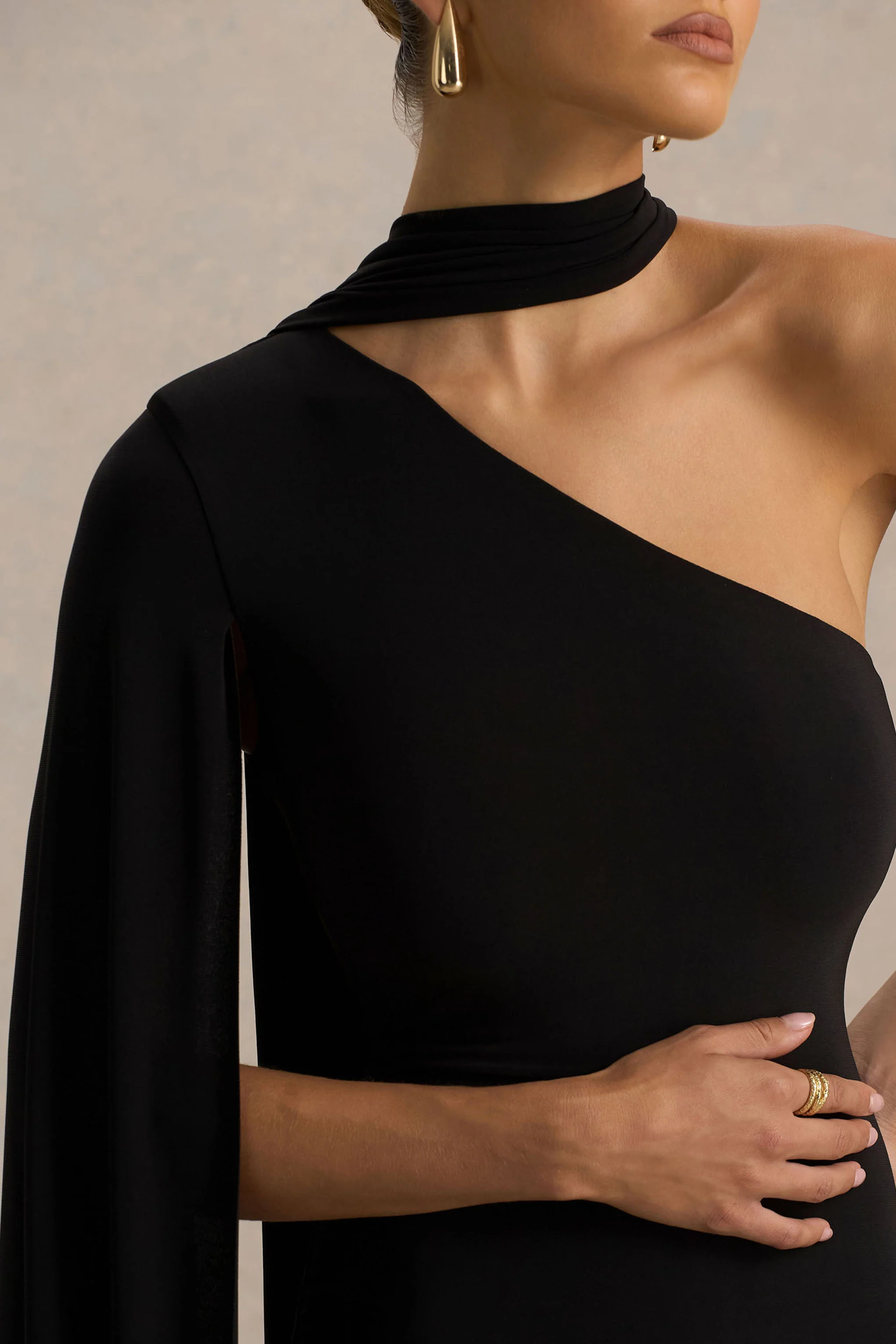 Arianne | Black Asymmetric-Neck Mini Dress With Scarf Detail - Image 3