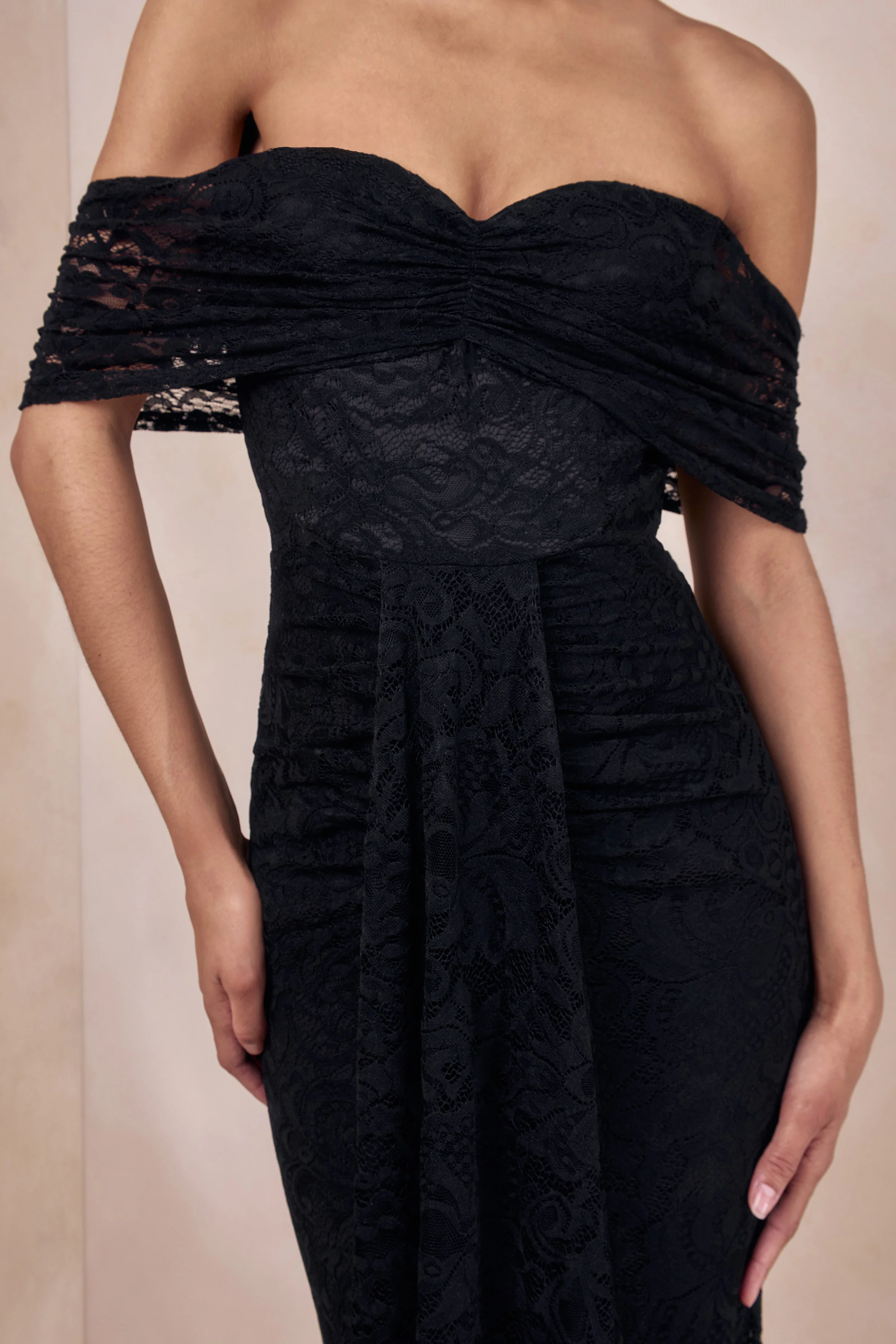 Aries | Black Lace Bardot-Neck Maxi Dress With Gathered Detailing - Image 6