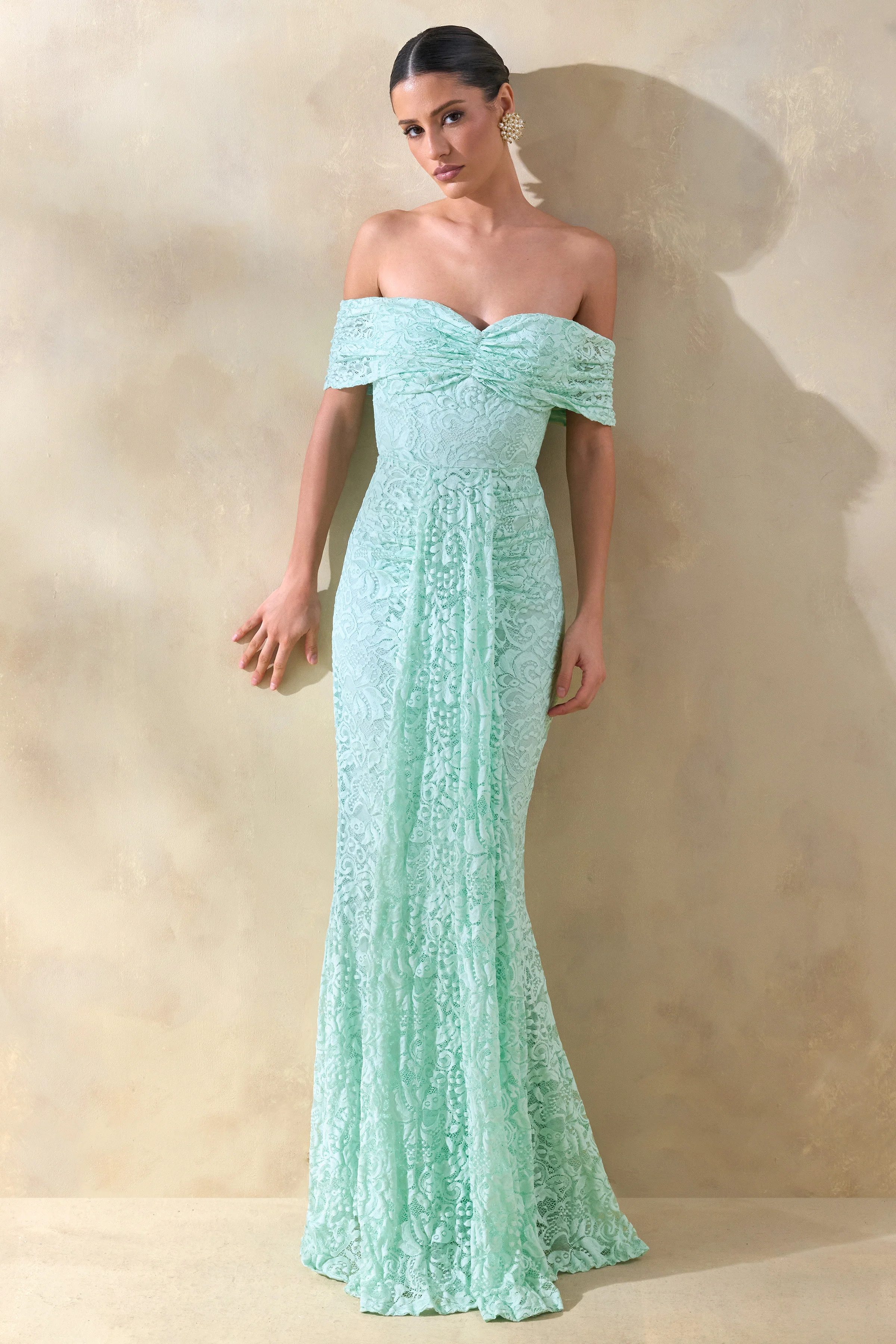 Aries | Mint Lace Bardot-Neck Maxi Dress With Gathered Detailing - Image 4