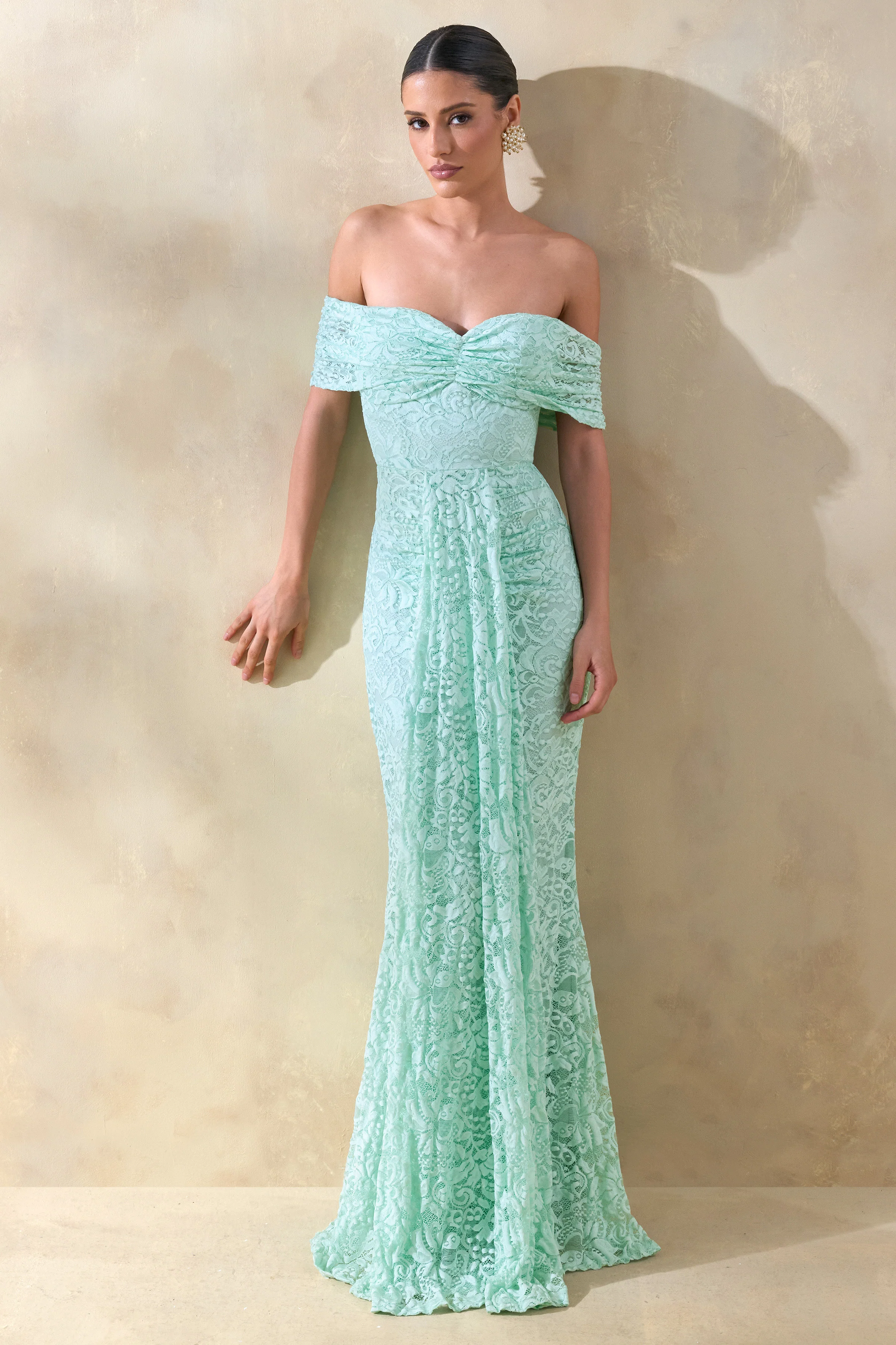 Aries | Mint Lace Bardot-Neck Maxi Dress With Gathered Detailing - Image 5