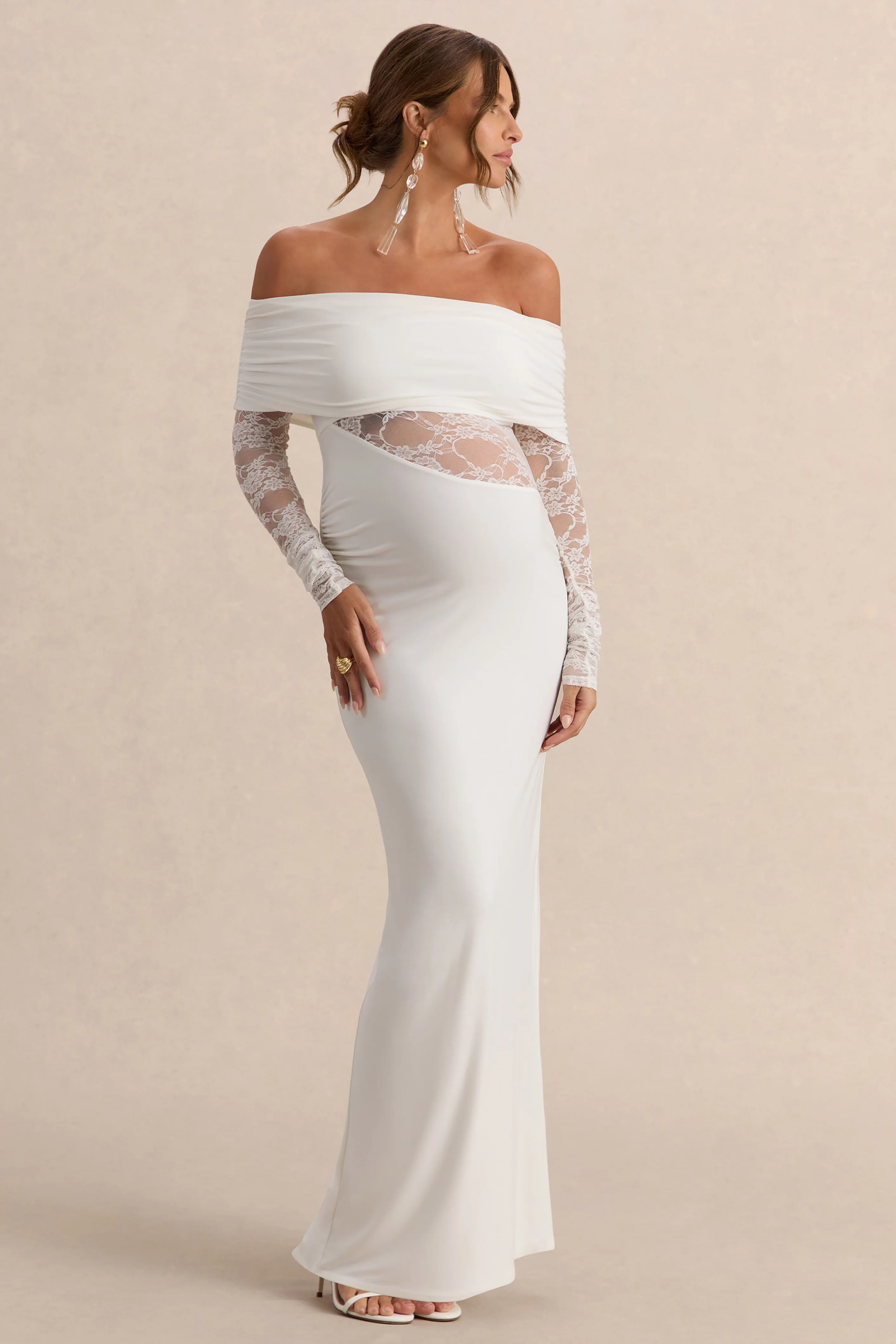 Artemisia | White Bardot-Neck Maternity Maxi Dress With Lace Detailing