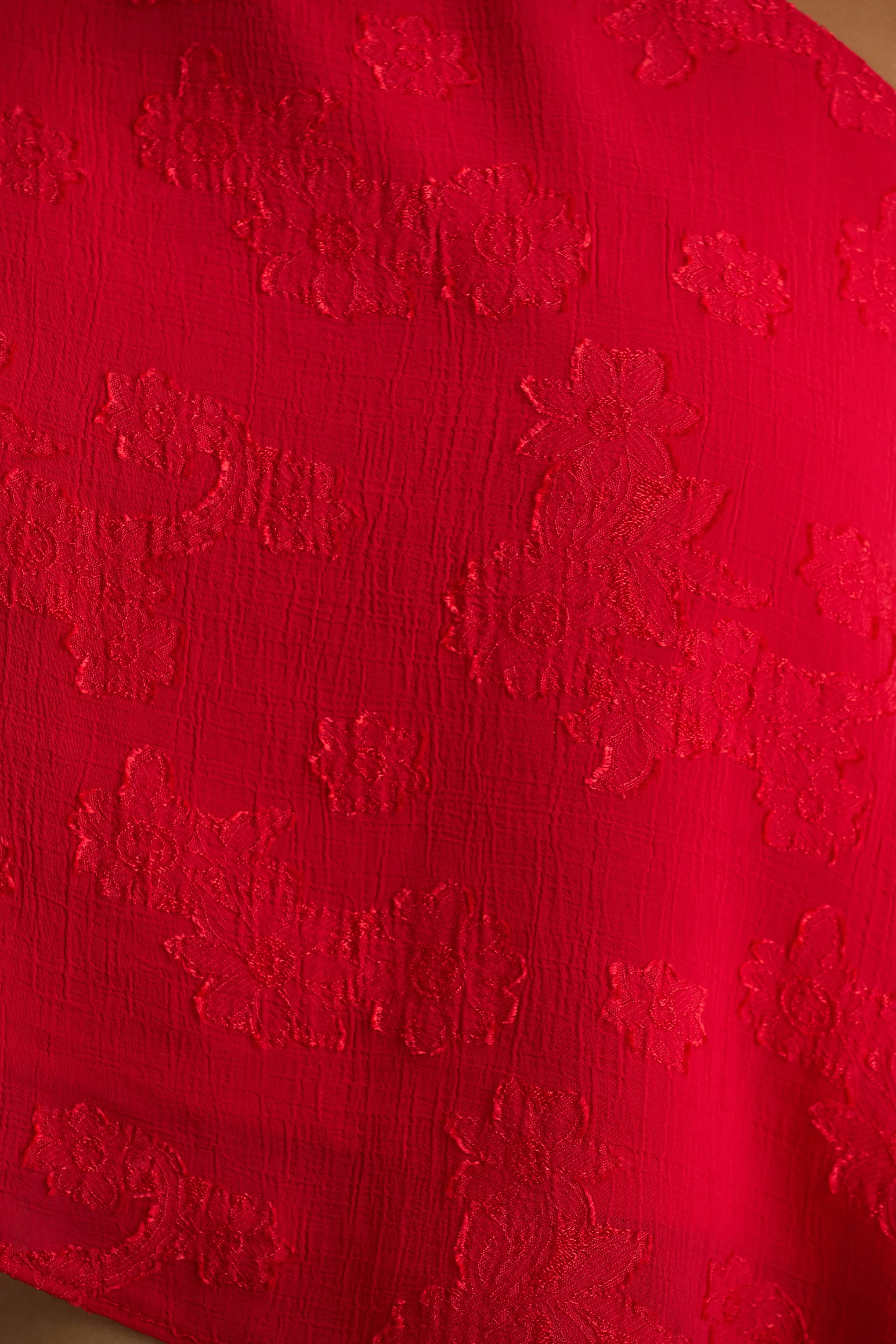 Aruba | Red Satin Devore Asymmetric Long-Sleeve Crop Top - Image 7