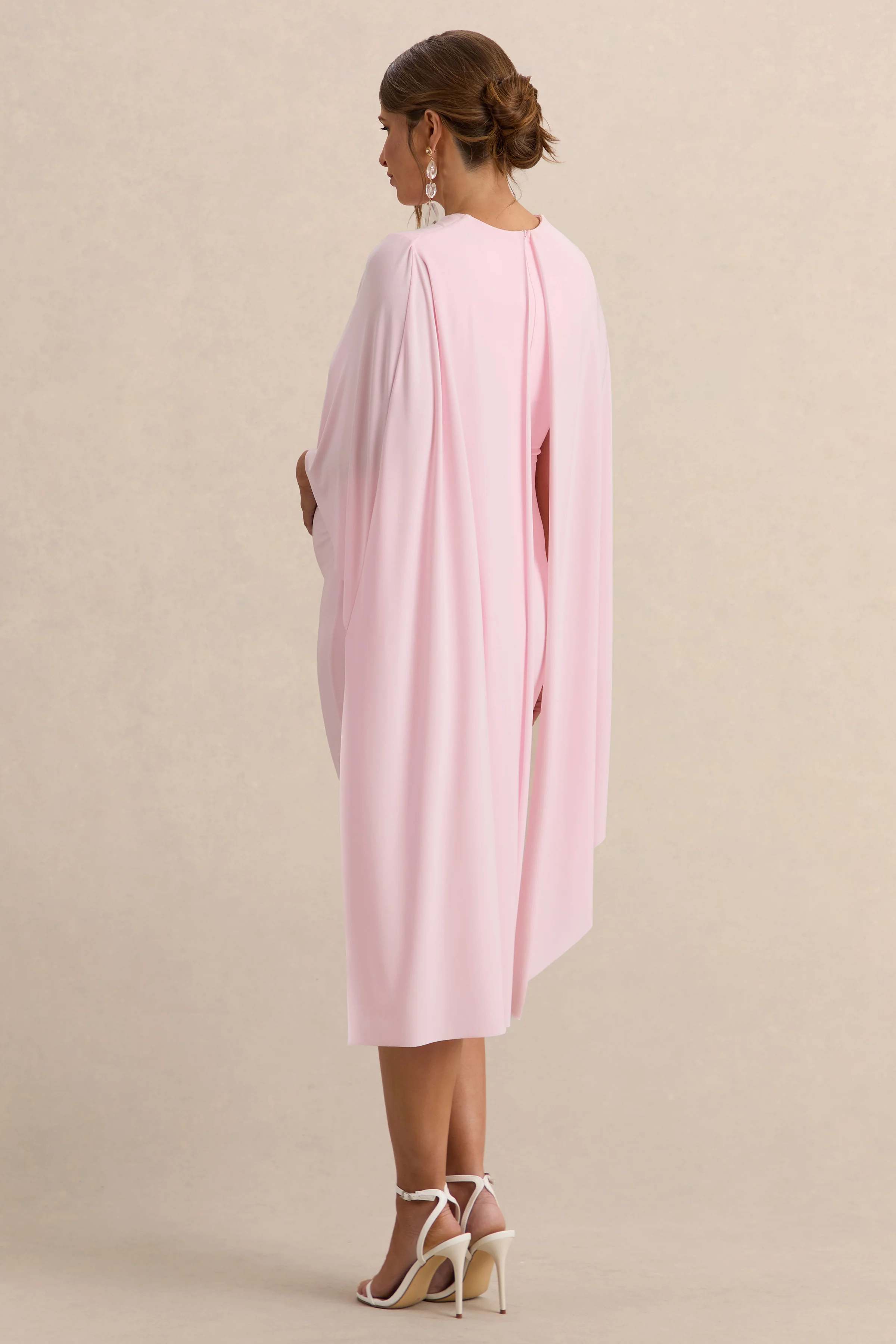 Arwen | Light Pink Round-Neck Maternity Midi Dress With Cape Detail - Image 2