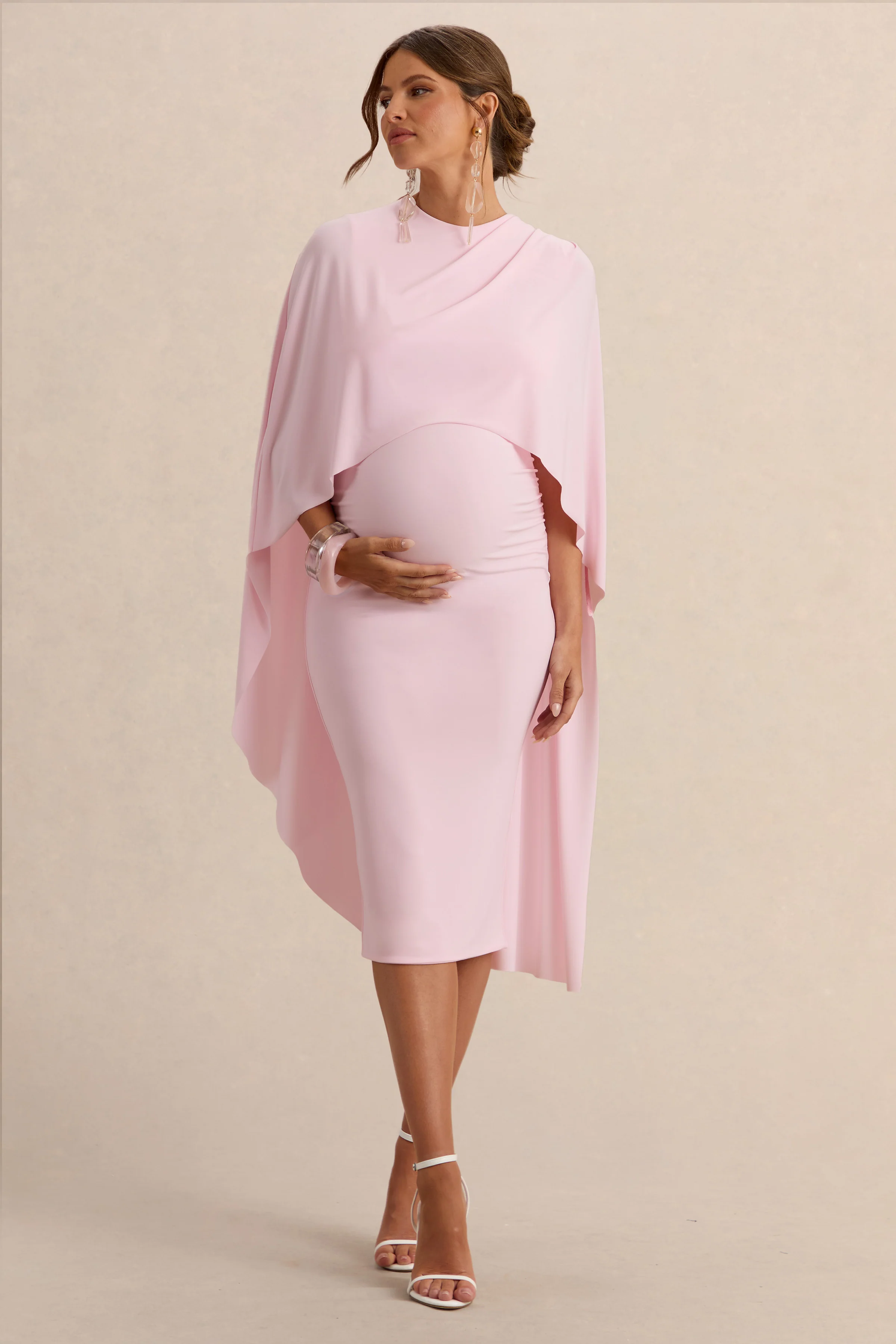 Arwen | Light Pink Round-Neck Maternity Midi Dress With Cape Detail - Image 4