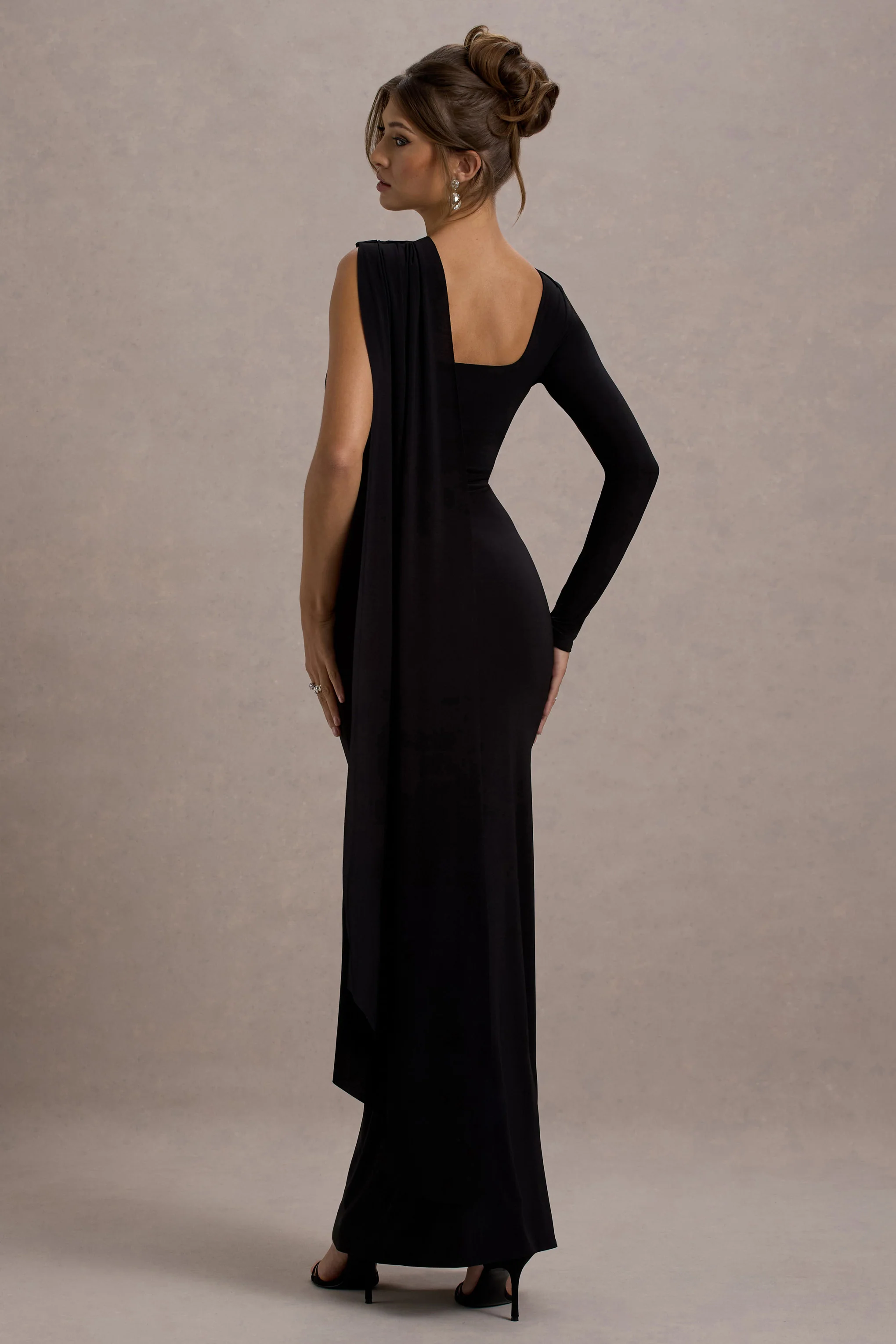 Ashini | Black One-Sleeve Maxi Dress With Cape - Image 2