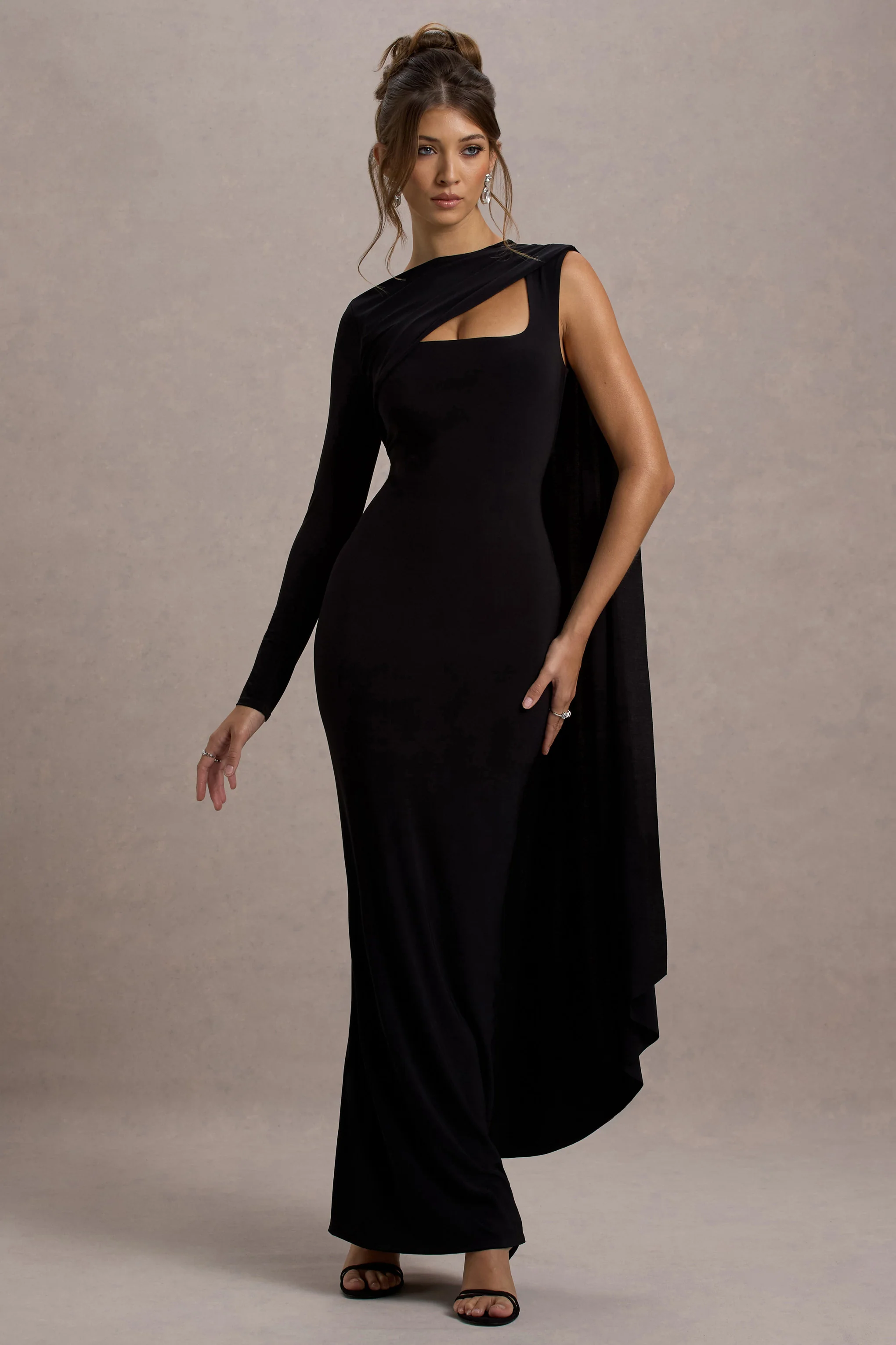 Ashini | Black One-Sleeve Maxi Dress With Cape - Image 4