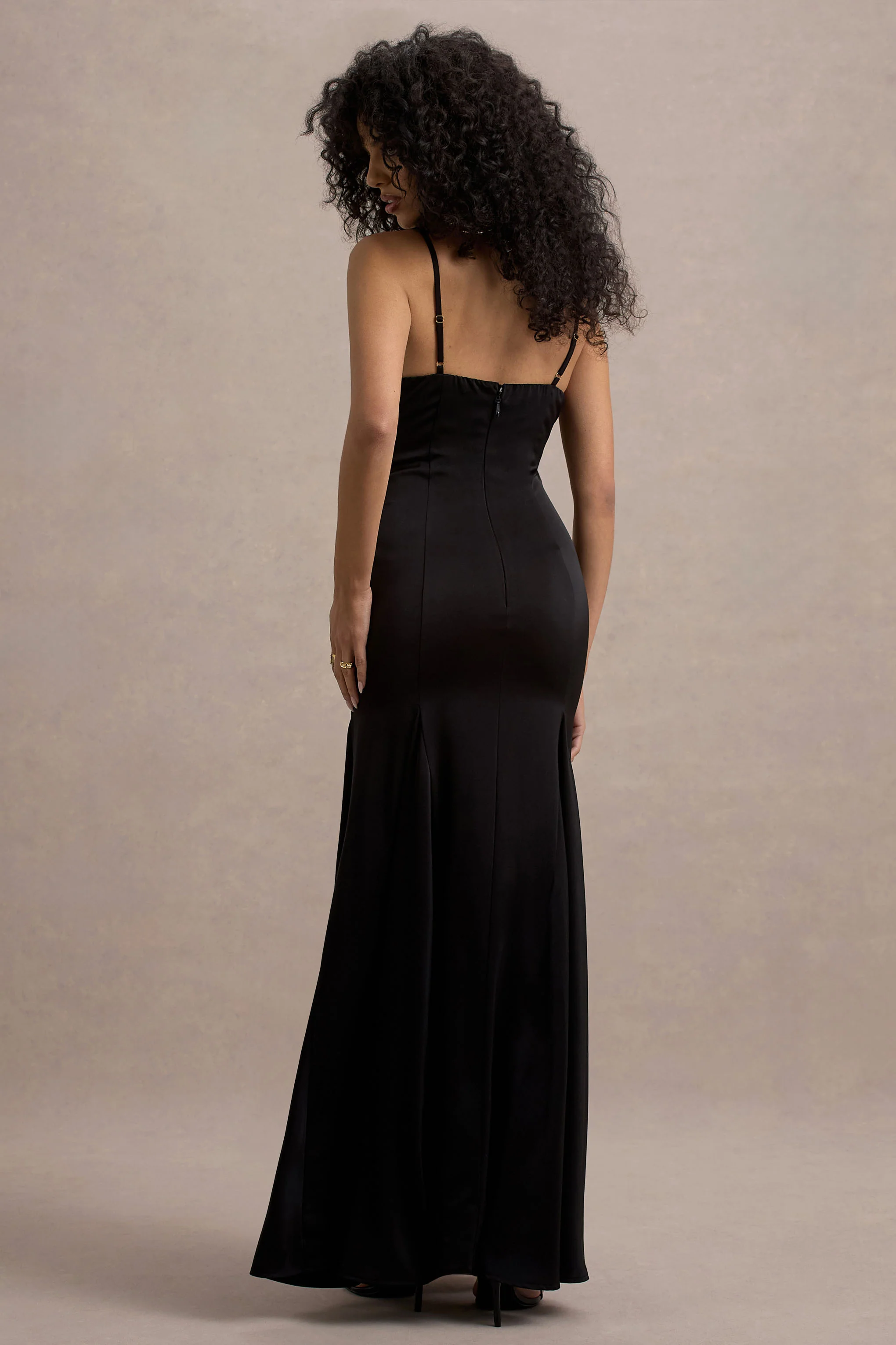 Ashly | Black Satin Maxi Dress With Volume Hem - Image 2