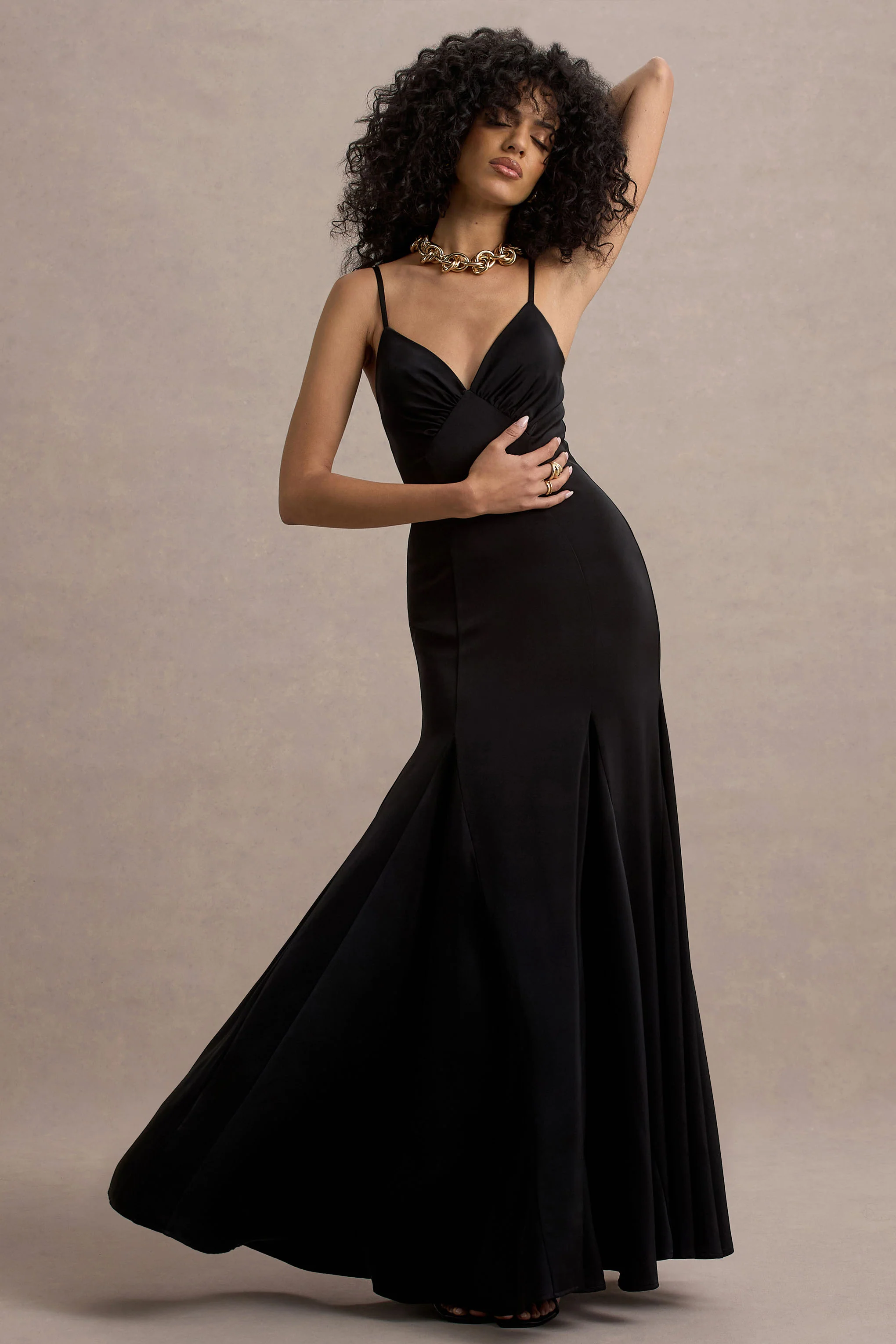 Ashly | Black Satin Maxi Dress With Volume Hem - Image 4