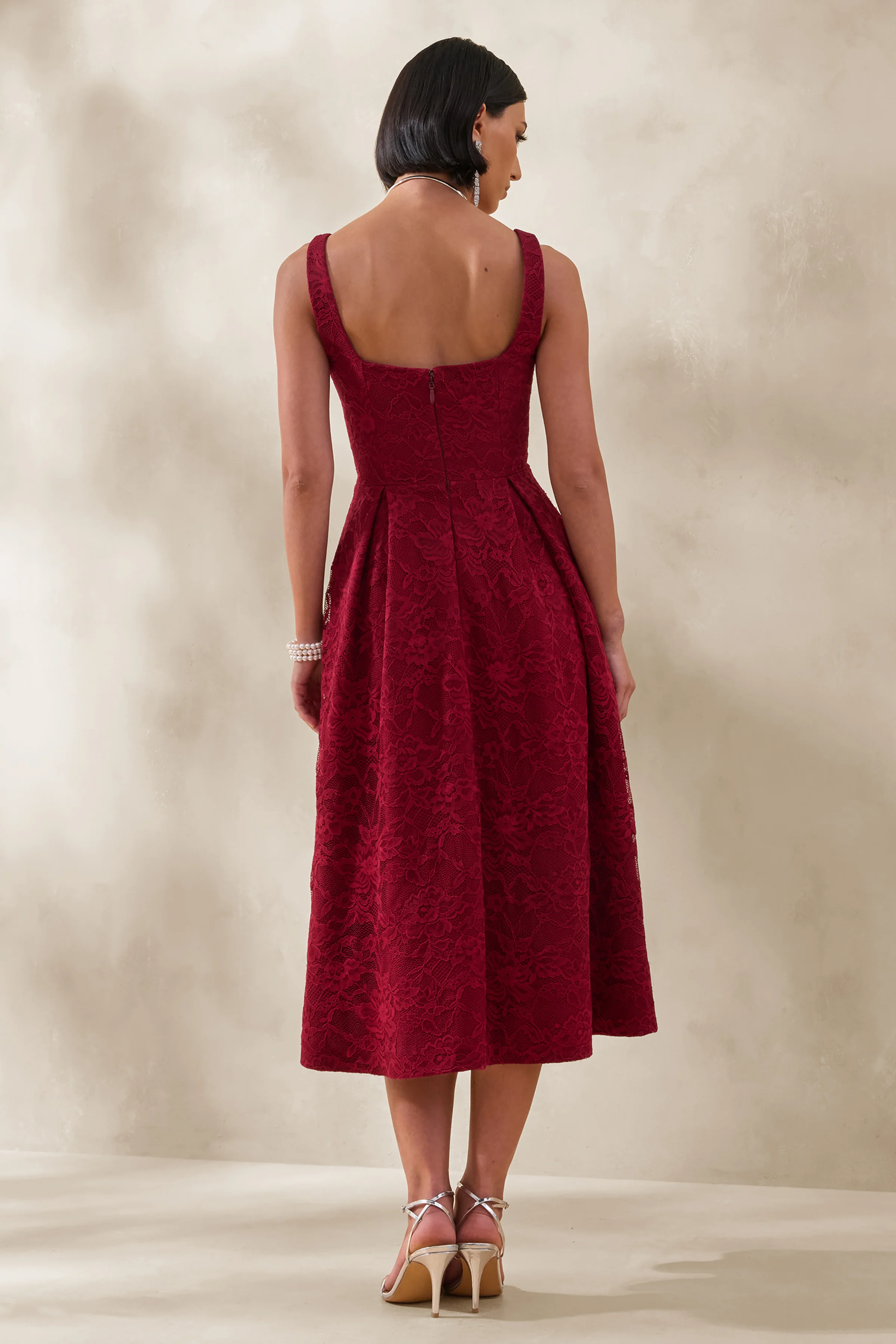 Ashmara | Burgundy Lace Square-Neck Midi Dress - Image 2
