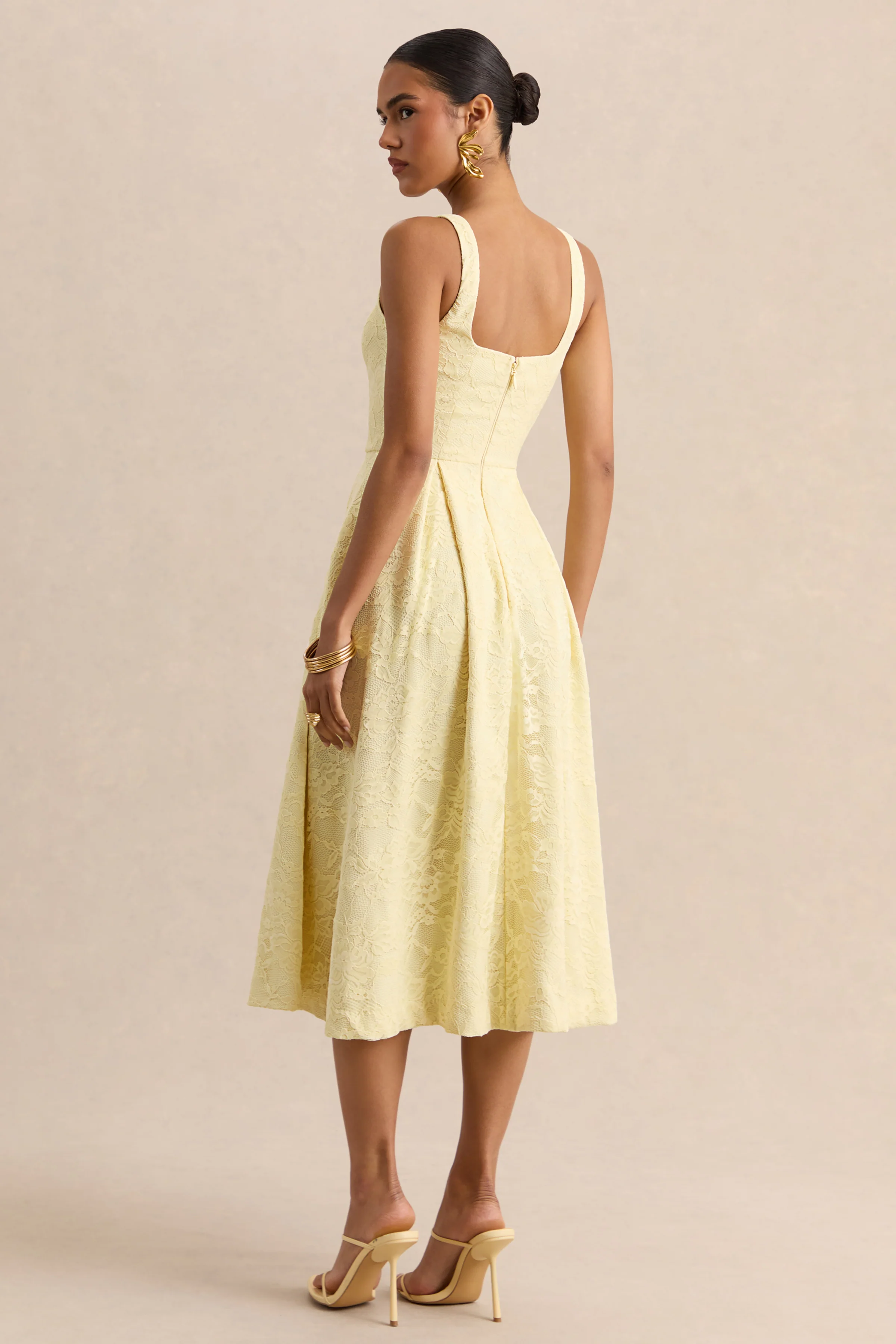 Ashmara | Lemon Lace Square-Neck Midi Dress - Image 2