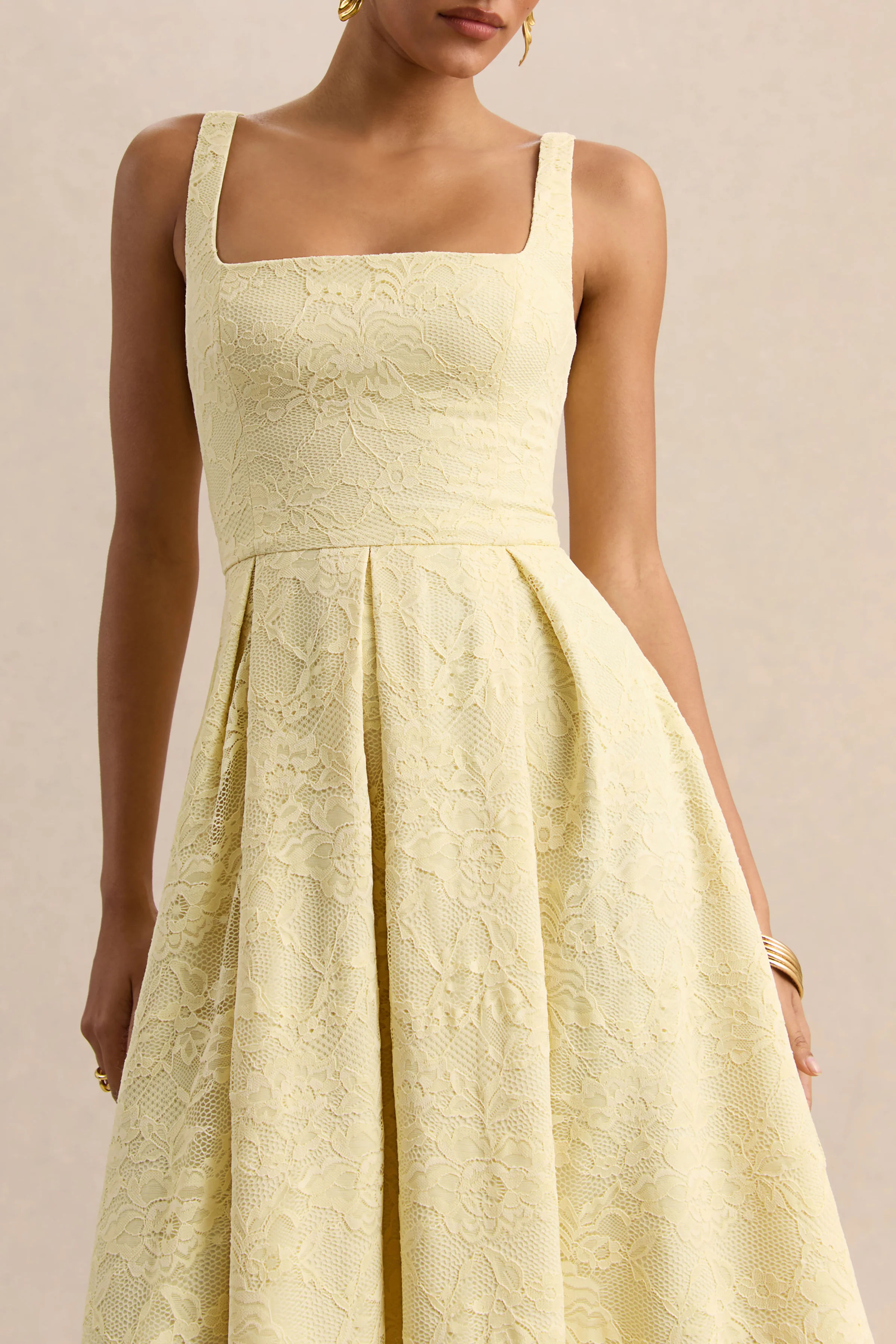 Ashmara | Lemon Lace Square-Neck Midi Dress - Image 3