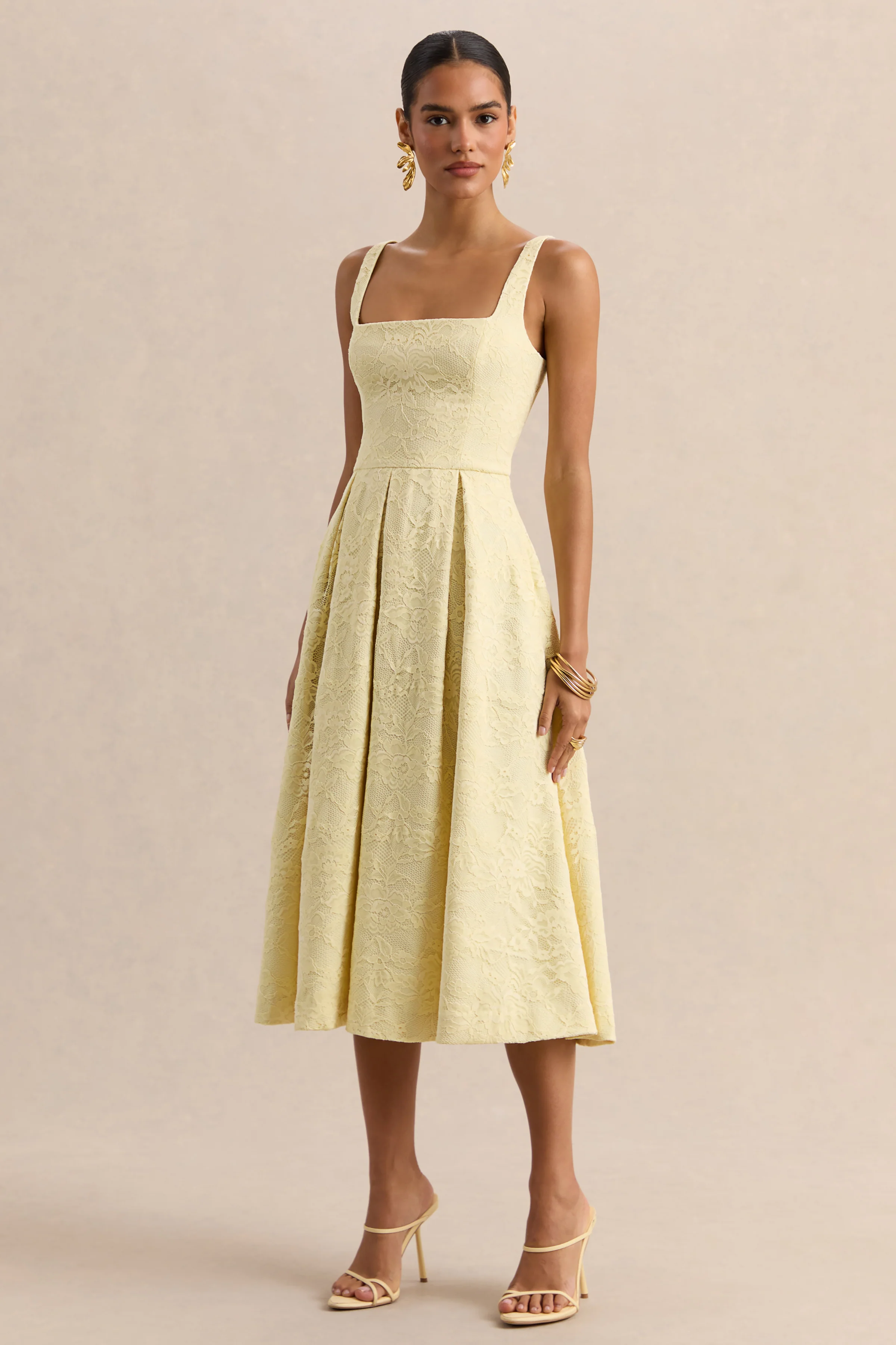 Ashmara | Lemon Lace Square-Neck Midi Dress - Image 4