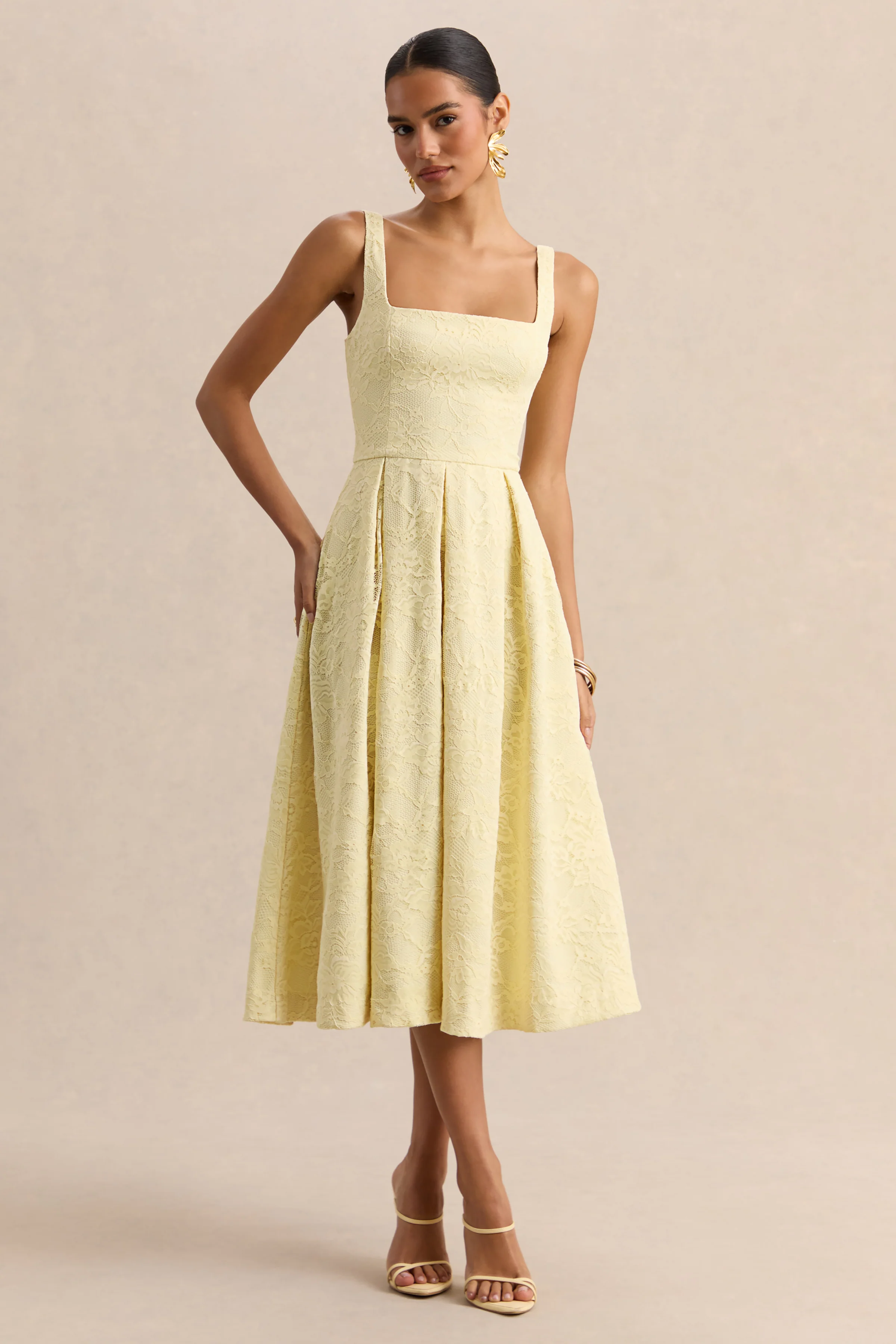 Ashmara | Lemon Lace Square-Neck Midi Dress - Image 5