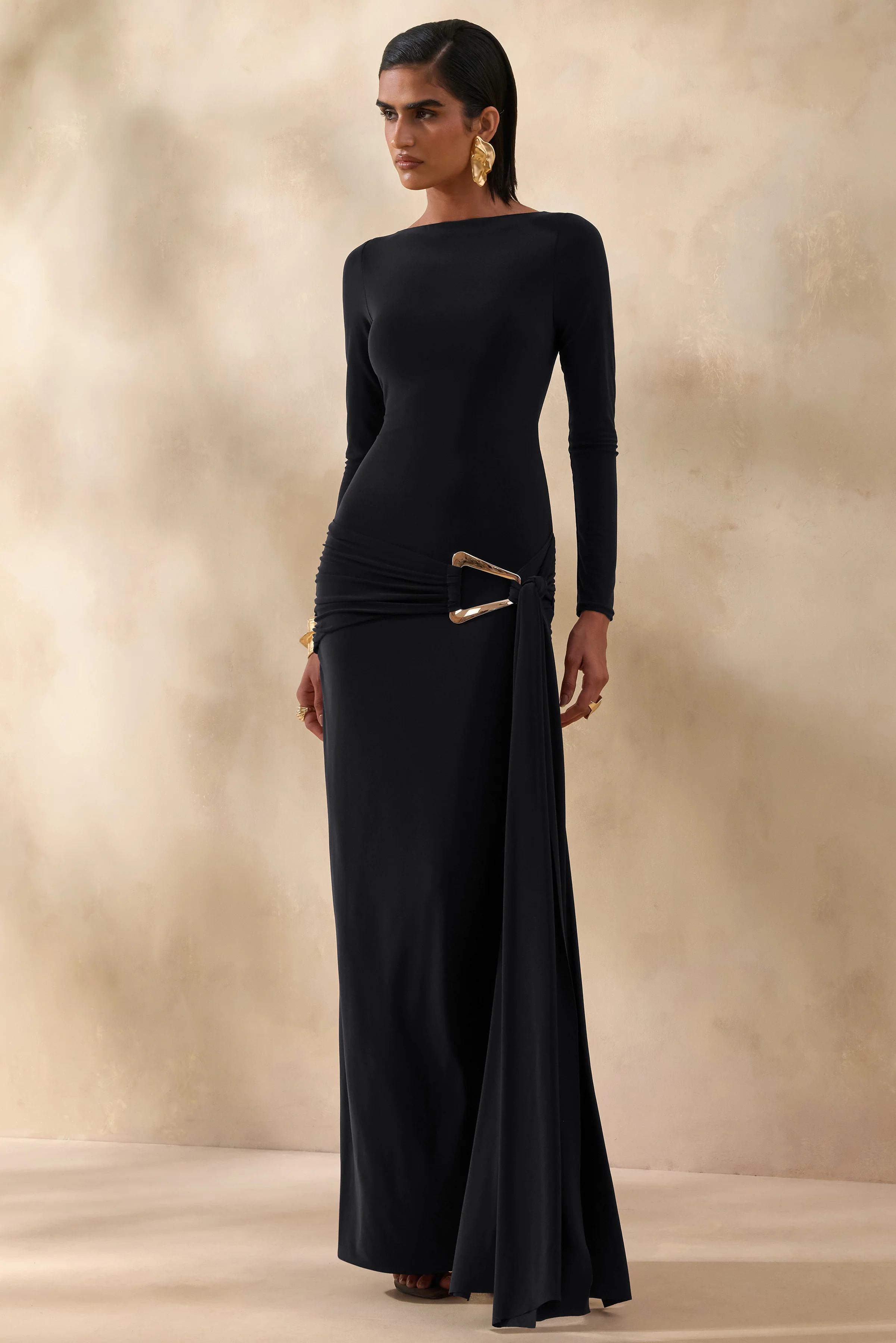 Astrielle | Black Wide-Neck With Gold-Detail And Sash - Image 5