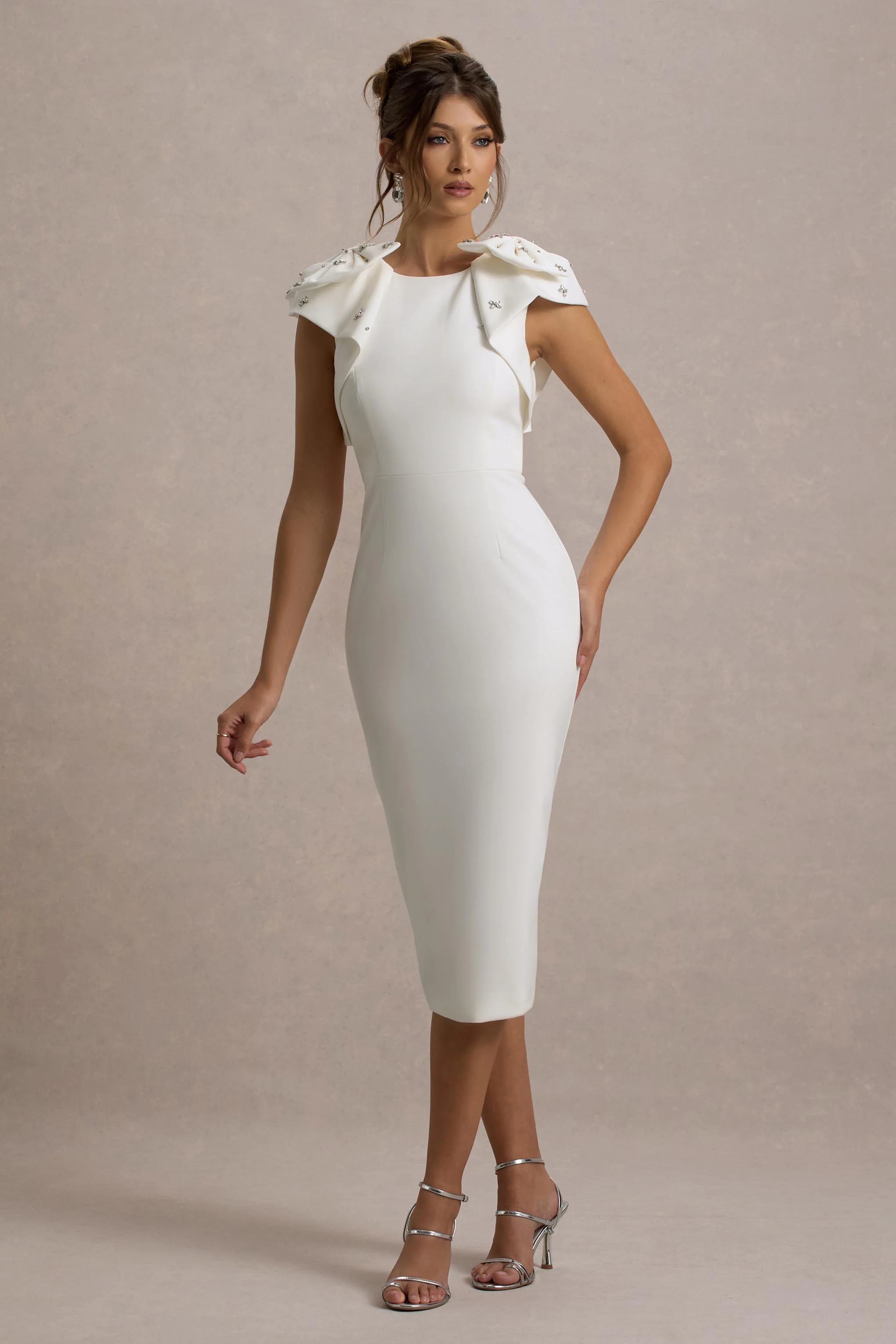 Aubrie | Ecru Midi Dress With Bow Details - Image 4