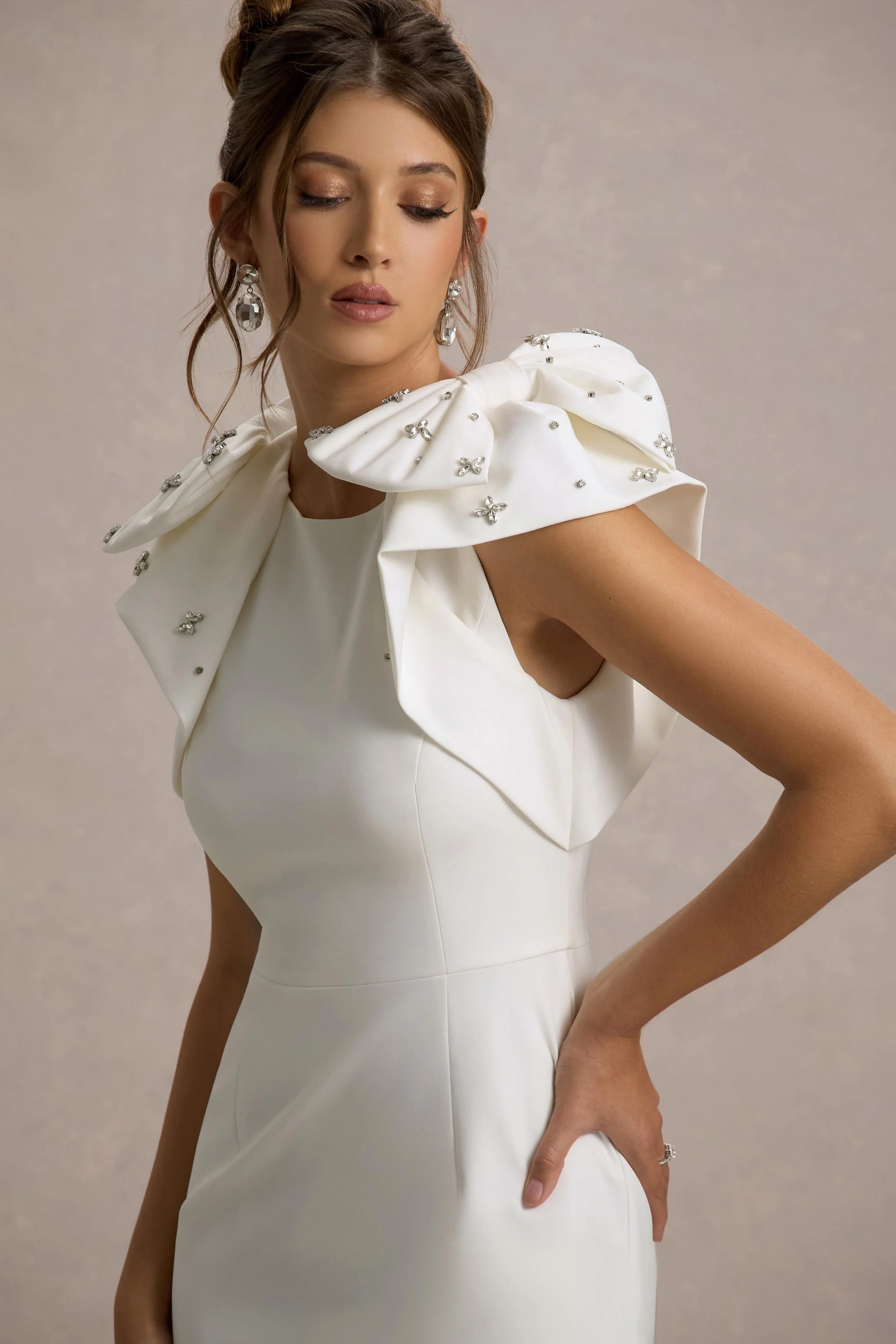 Aubrie | Ecru Midi Dress With Bow Details - Image 6