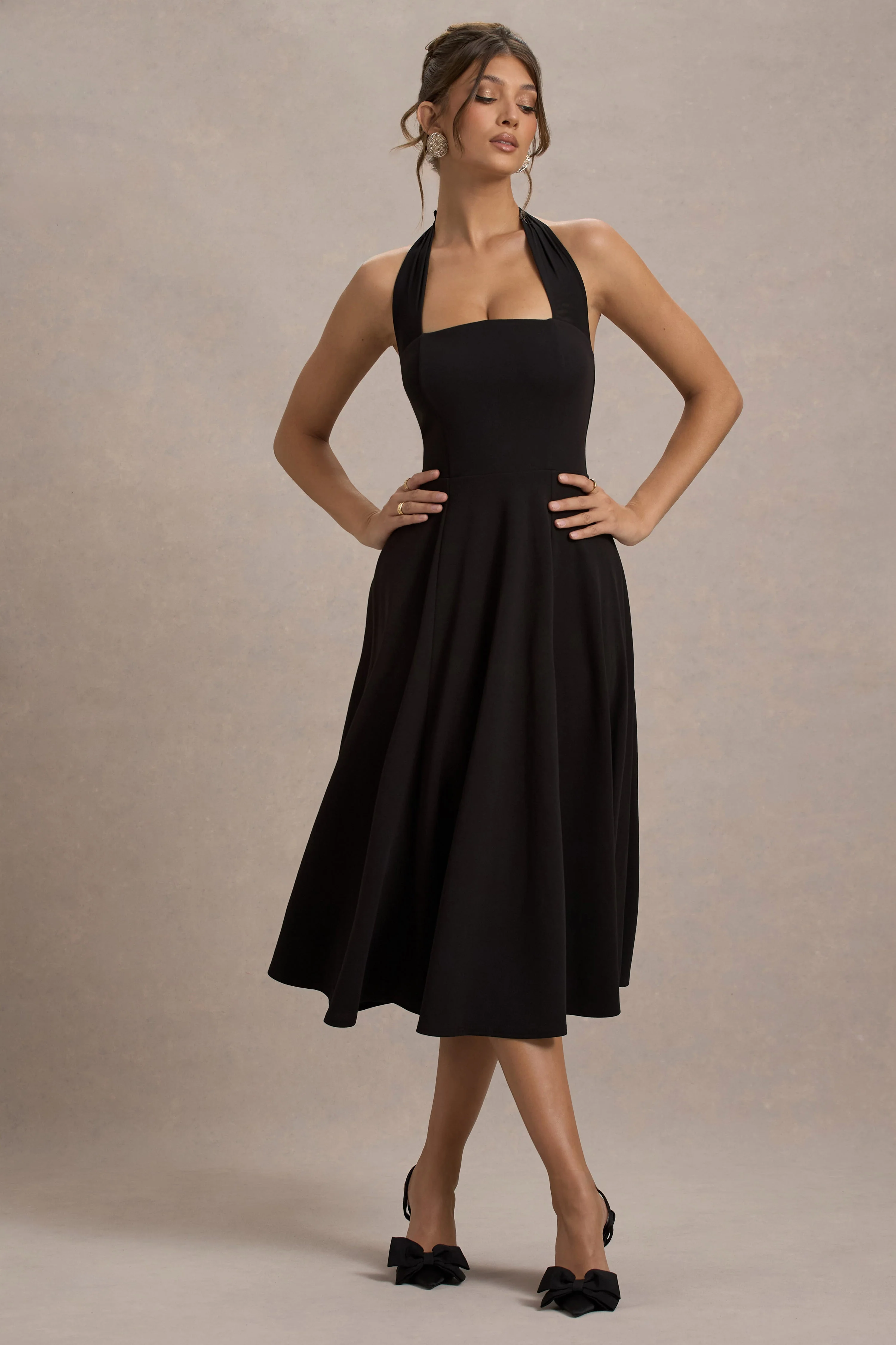Auburn | Black Halter Skater Midi Dress - Image 5