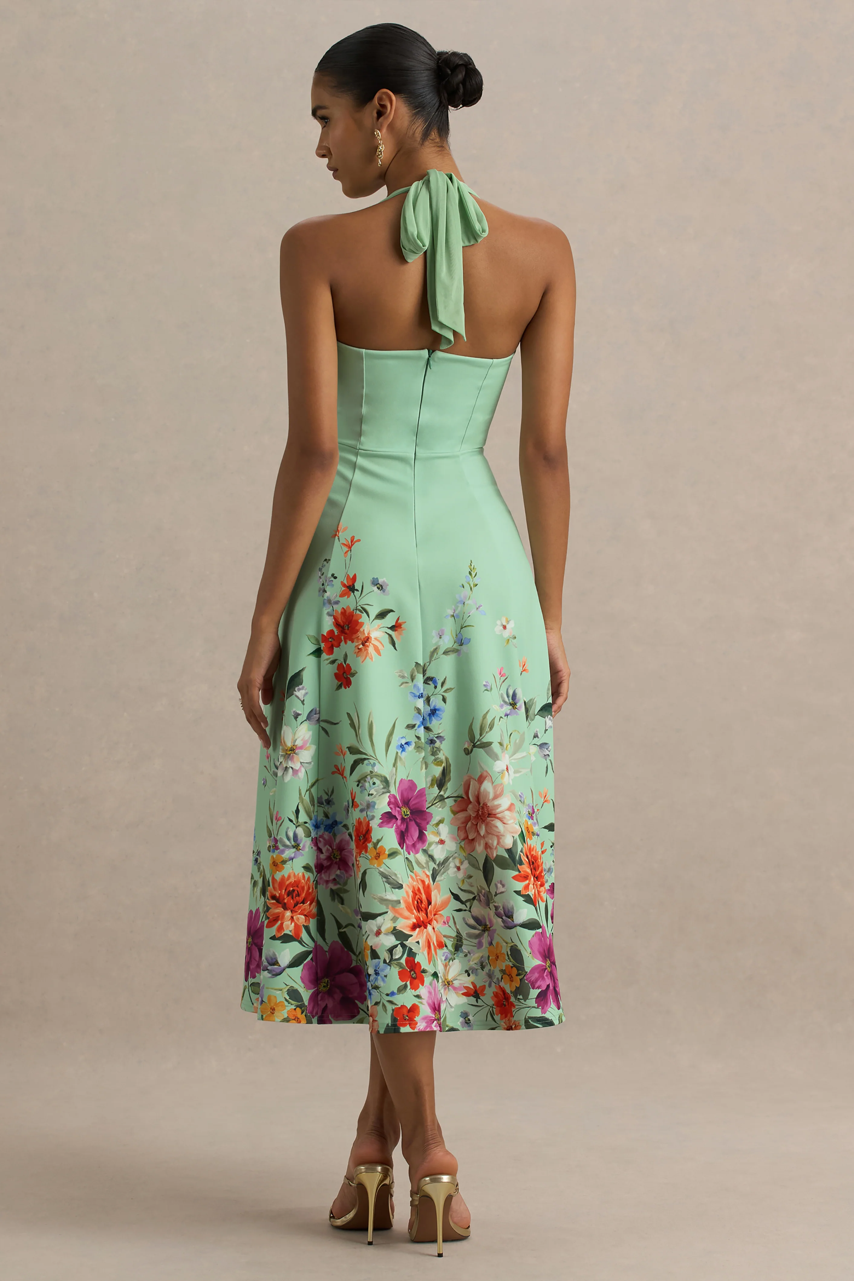 Auburn | Mint Placement Floral Halter-Neck Midi Dress - Image 2