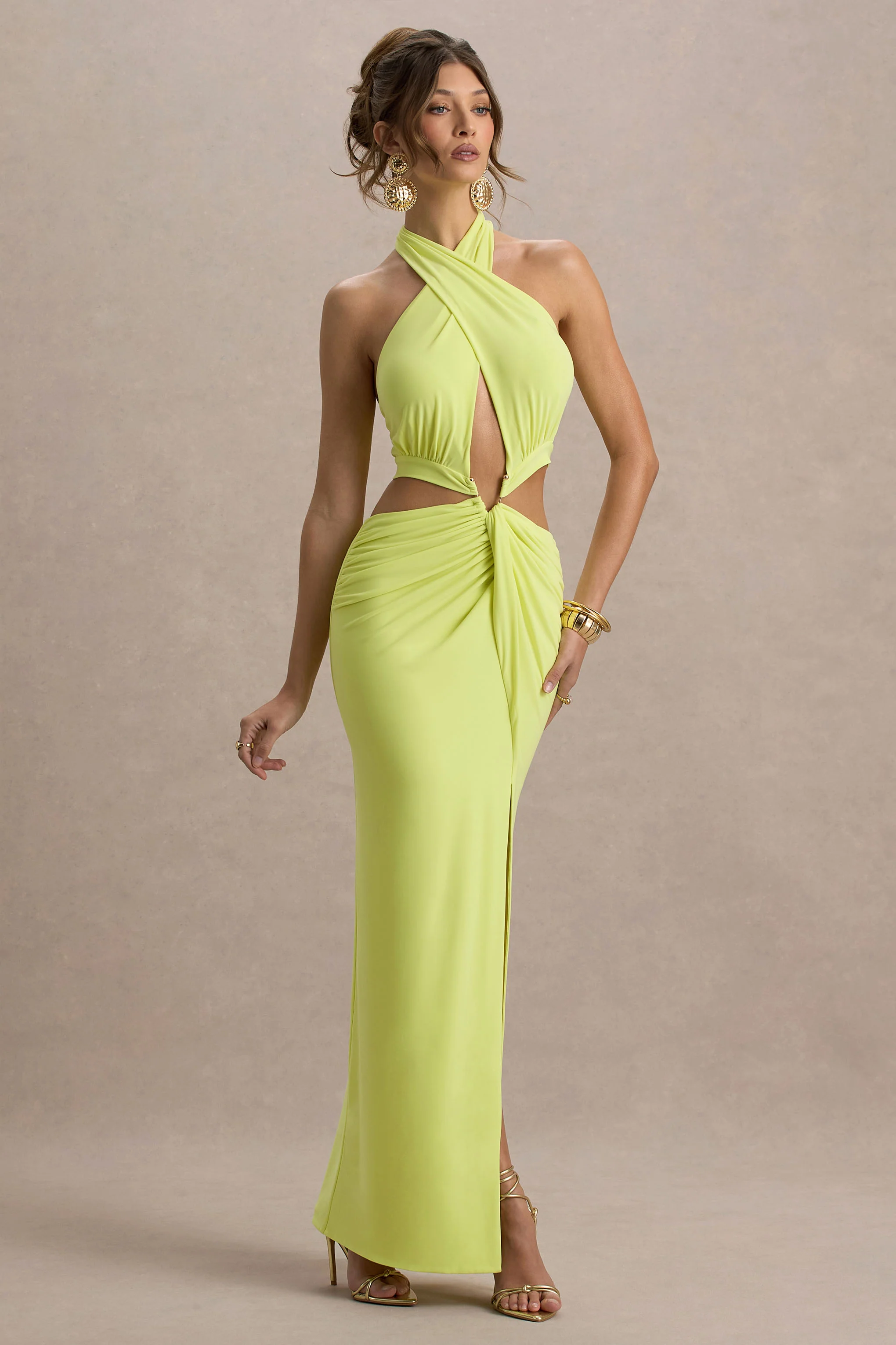 Aura | Lime Green Halter-Neck Cut-Out Split Maxi Dress - Image 5