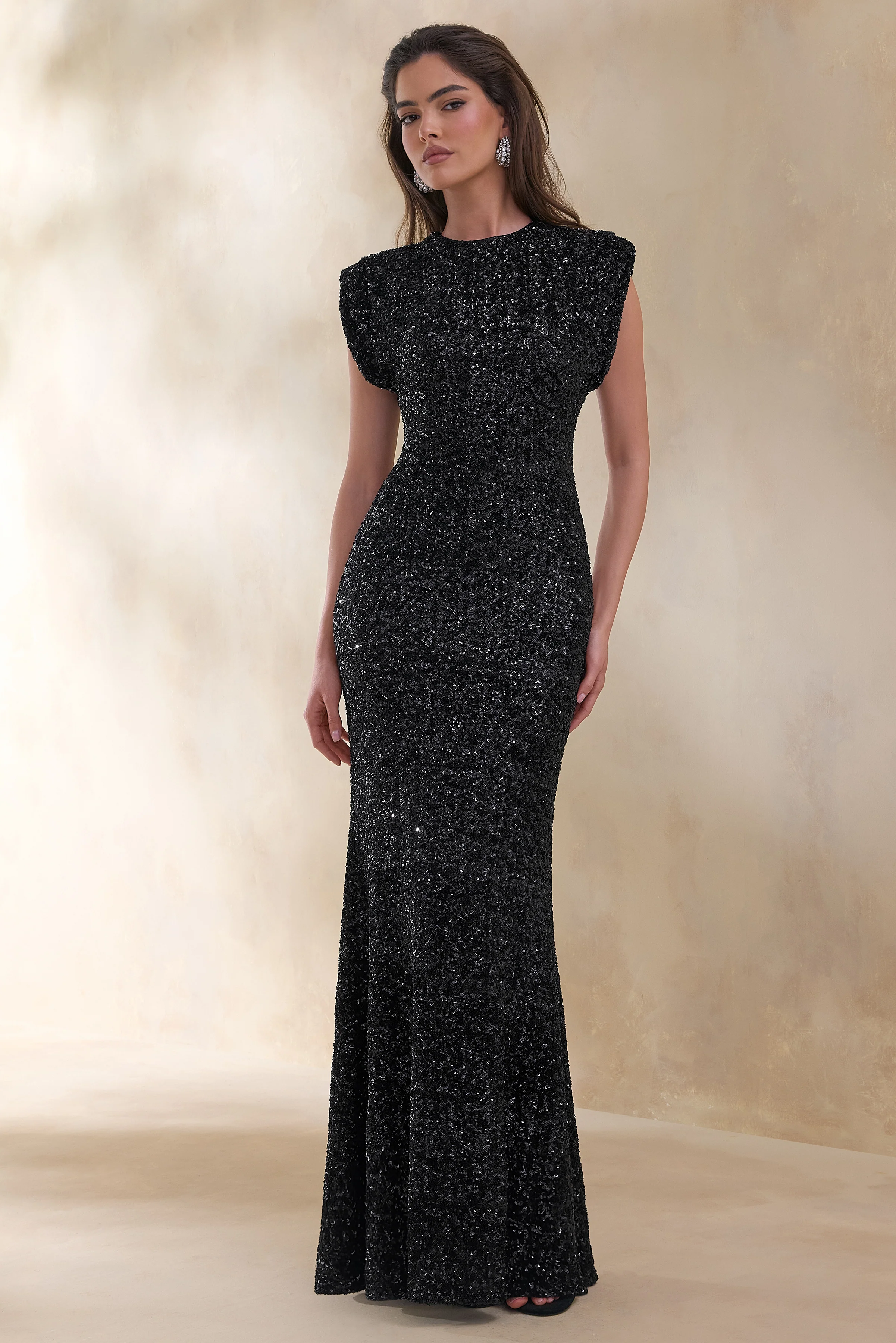Aurah | Black Sequin Crew-Neck Maxi Dress With Cap Sleeves - Image 4