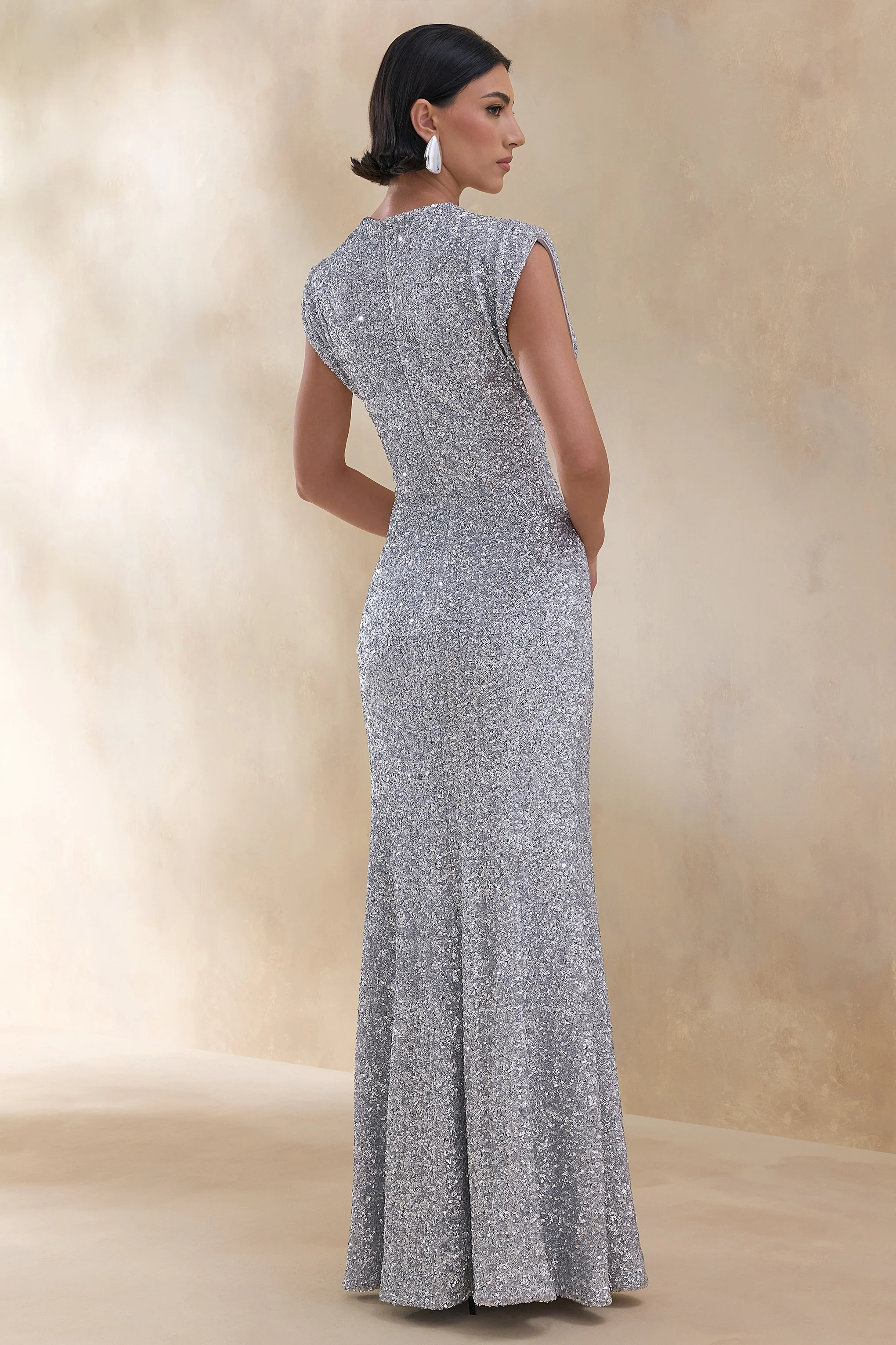 Aurah | Silver Sequin Crew-Neck Maxi Dress With Cap Sleeves - Image 2