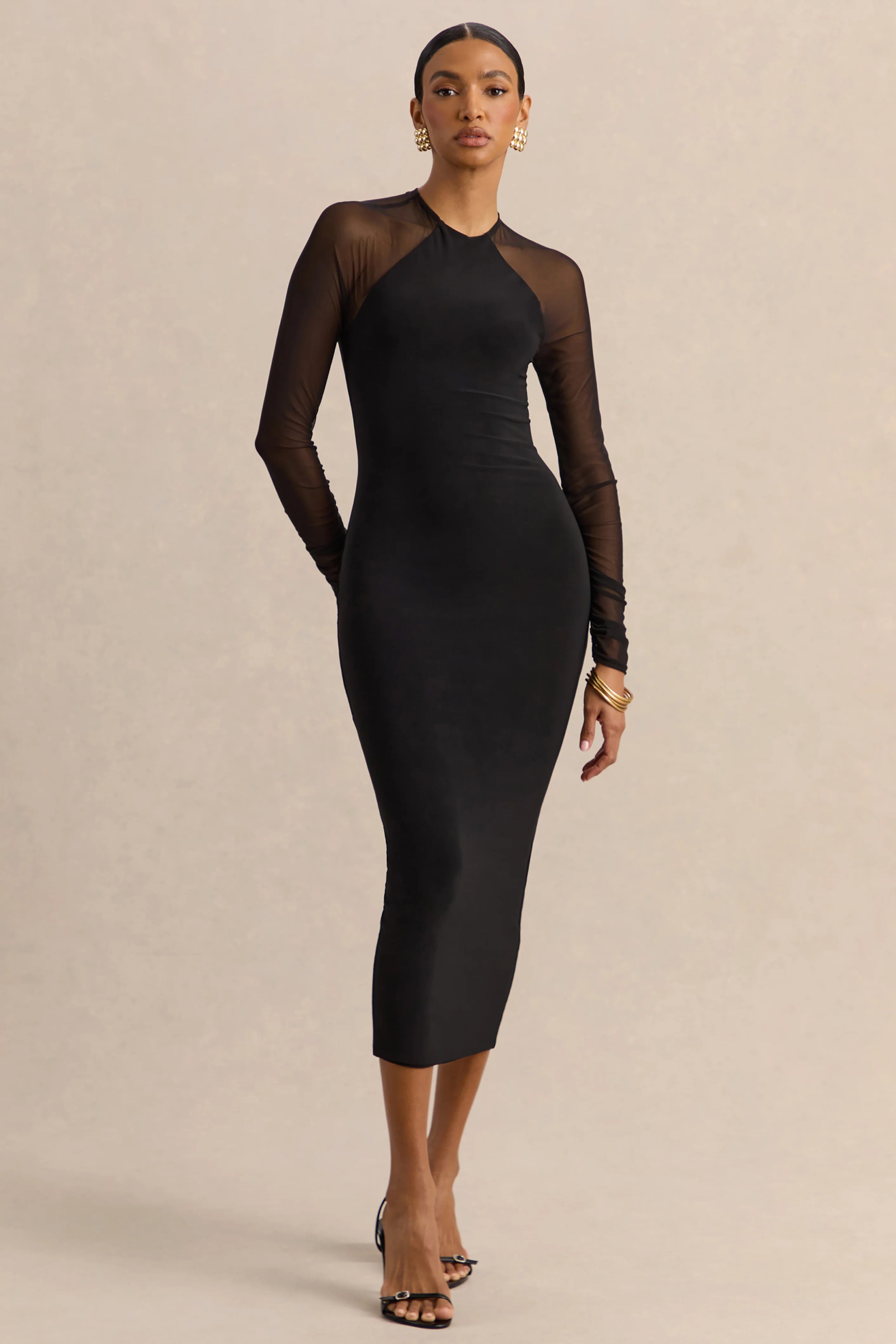 Aurevia | Black Crew-Neck Midi Dress With Long Mesh-Sleeves
