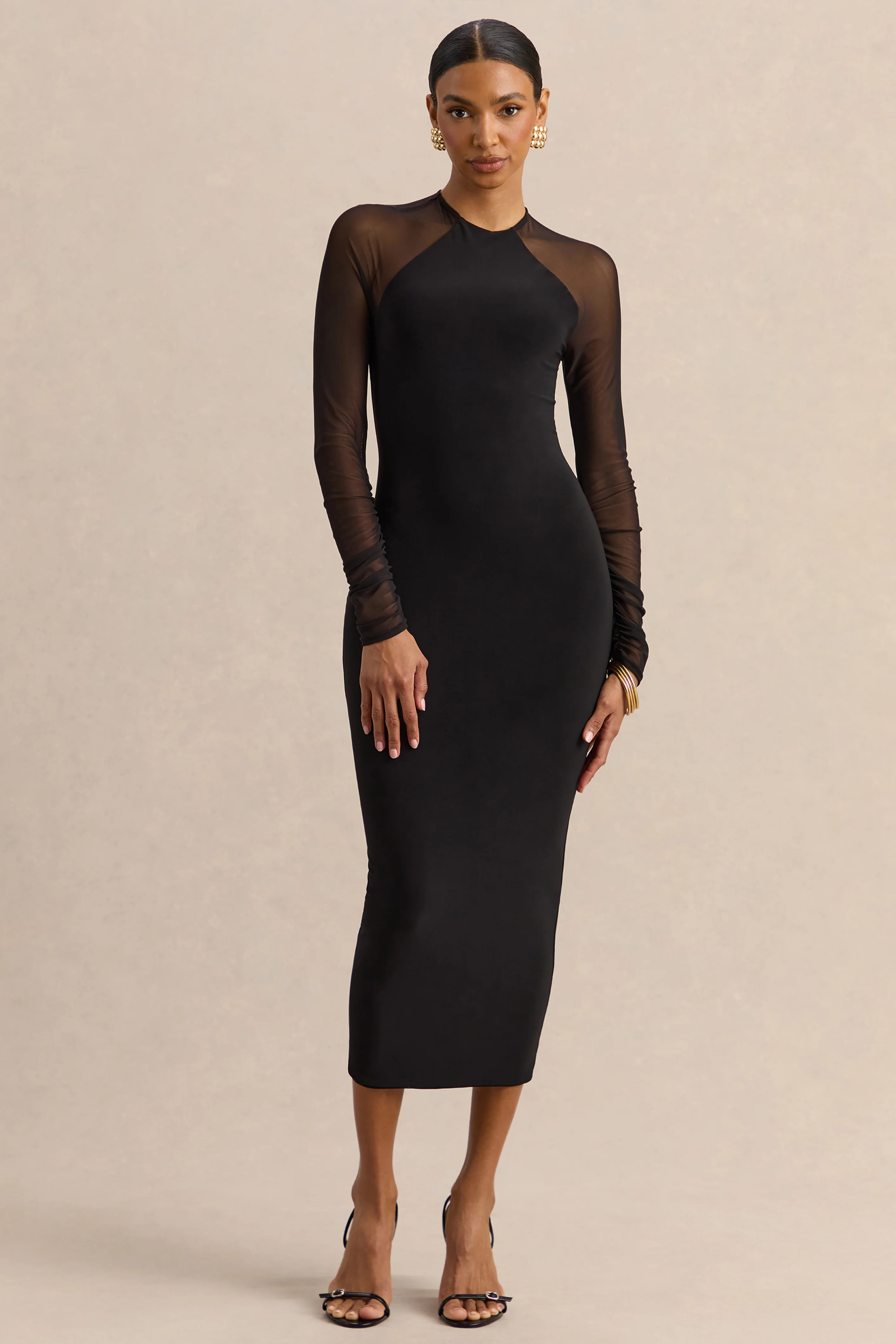 Aurevia | Black Crew-Neck Midi Dress With Long Mesh-Sleeves - Image 5