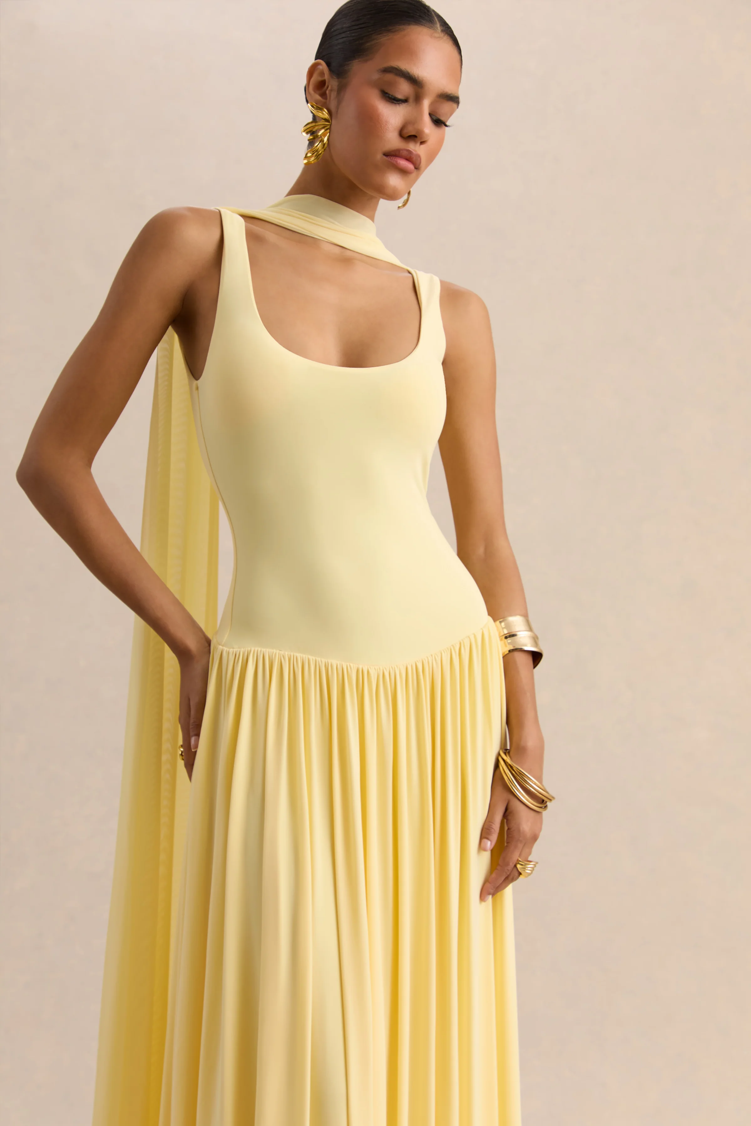 Aurina | Lemon Square-Neck Maxi Dress With Scarf-Detail - Image 2