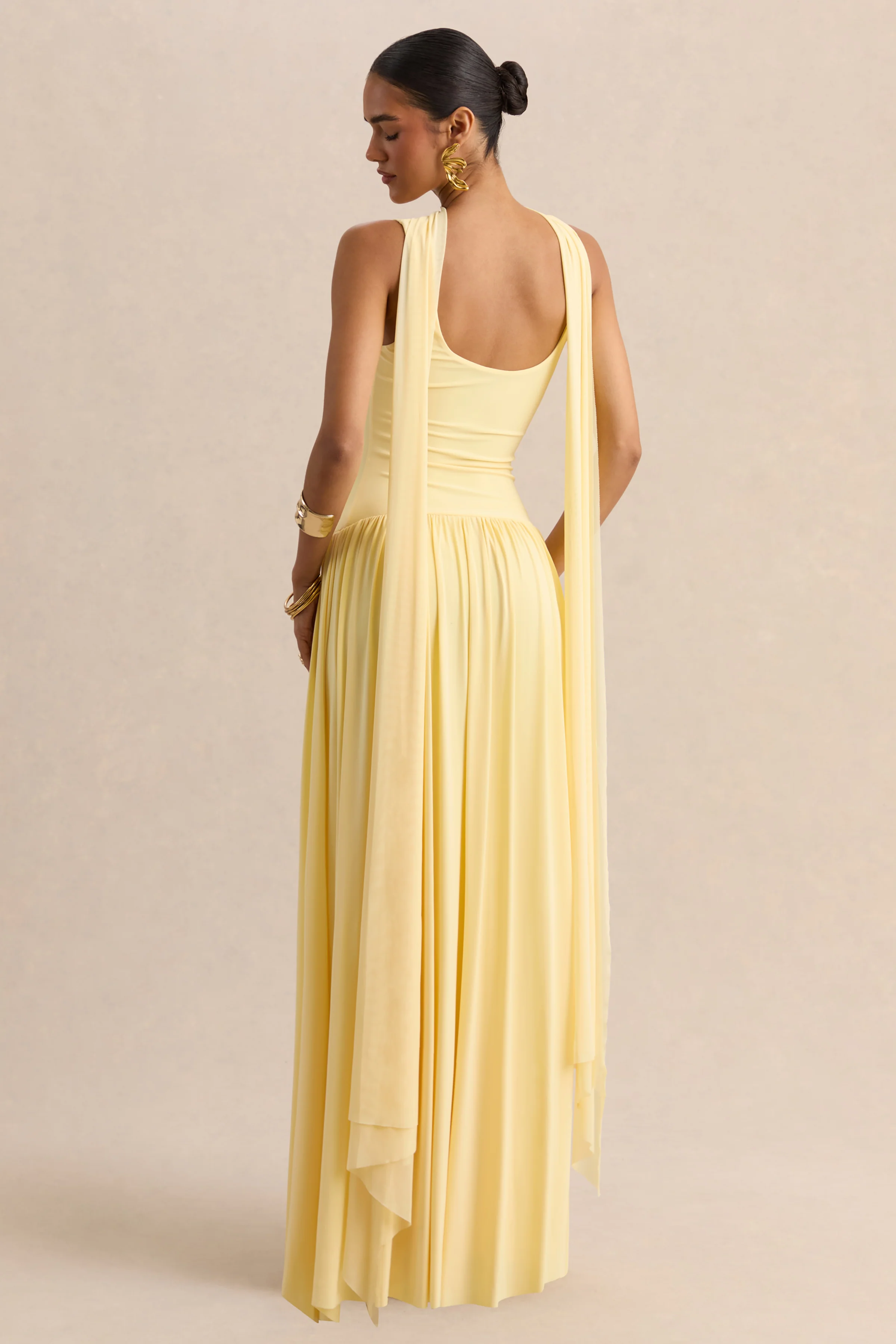 Aurina | Lemon Square-Neck Maxi Dress With Scarf-Detail - Image 3