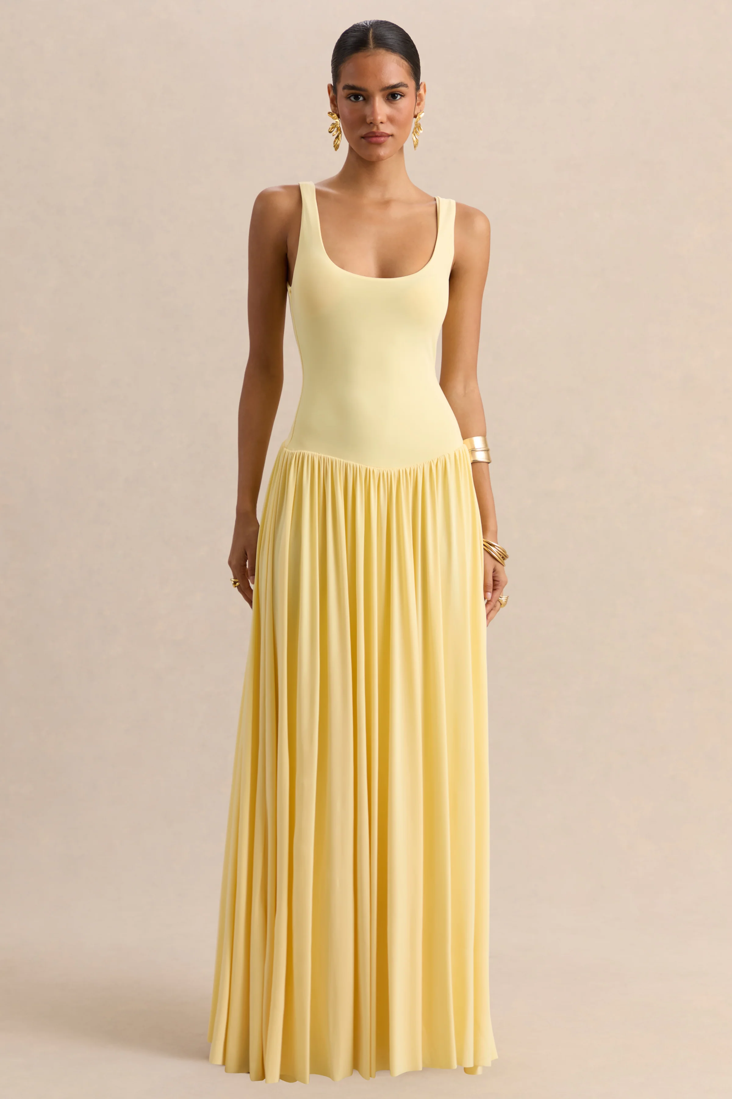 Aurina | Lemon Square-Neck Maxi Dress With Scarf-Detail - Image 4